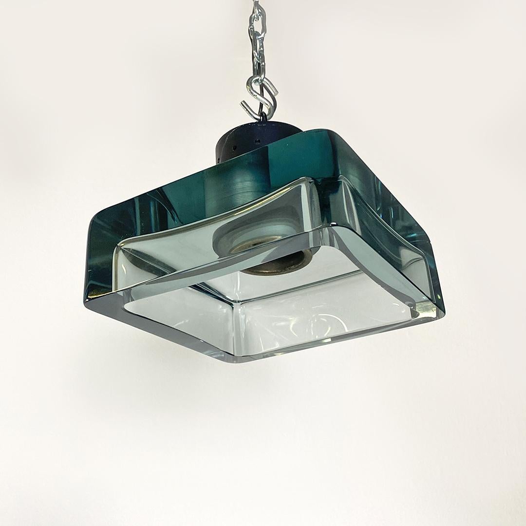 Italian Mid-Century Modern aquamarine Murano glass and matt black metal chandelier by Flavio Poli for Seguso, 1960s
Chandelier or suspension lamp, composed of a cylindrical lamp holder in matt black metal, with diffuser in double aquamarine Murano