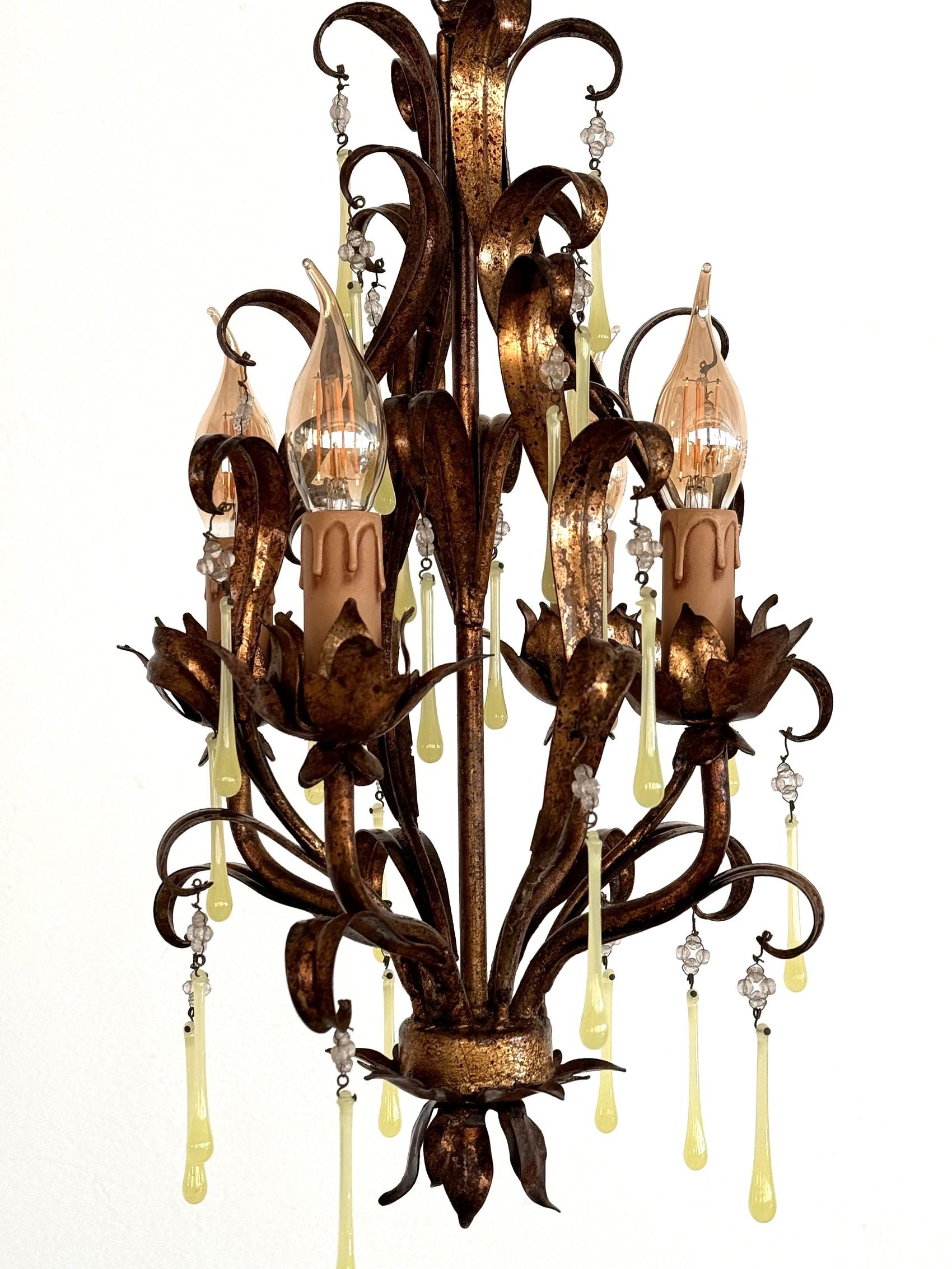 Lustre italien du milieu du siècle dernier en verre de Murano doré avec gouttes de verre jaune, années 1960 en vente 3