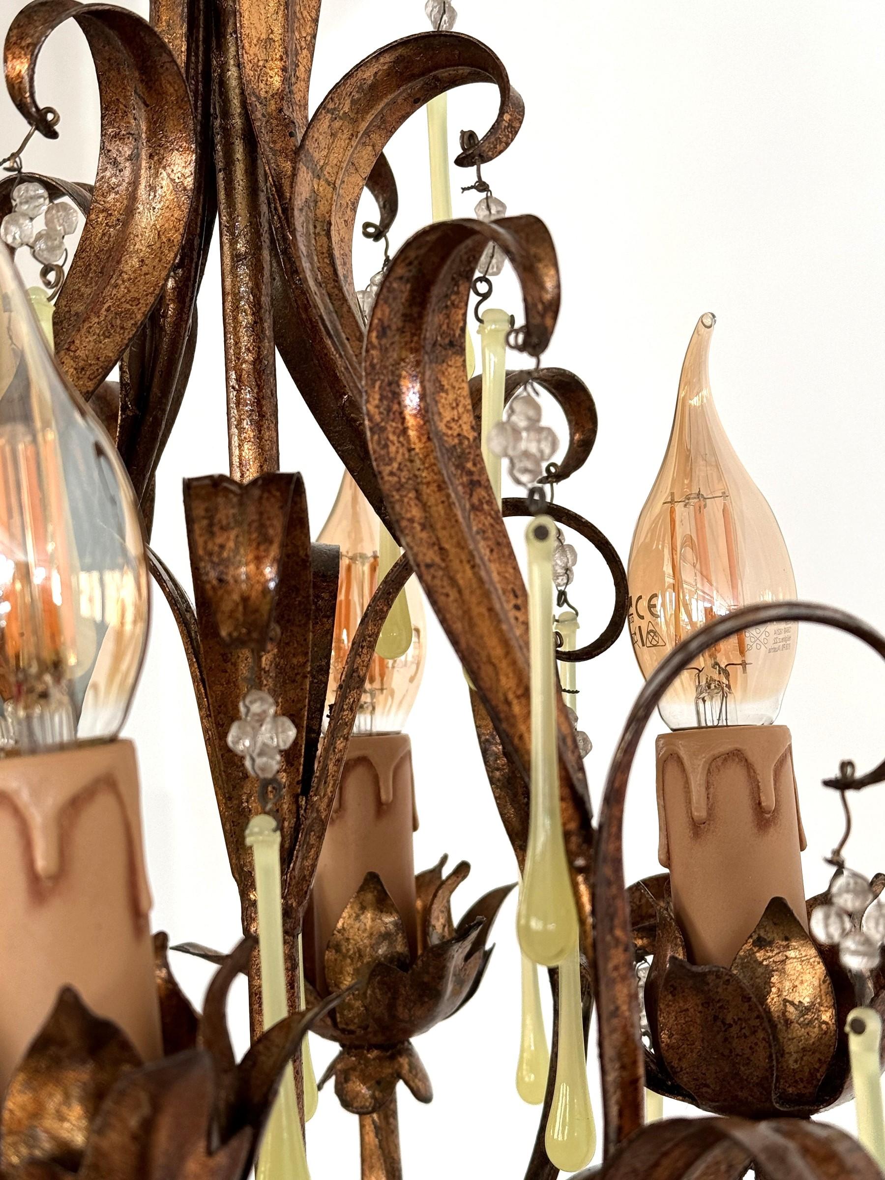Lustre italien du milieu du siècle dernier en verre de Murano doré avec gouttes de verre jaune, années 1960 en vente 4