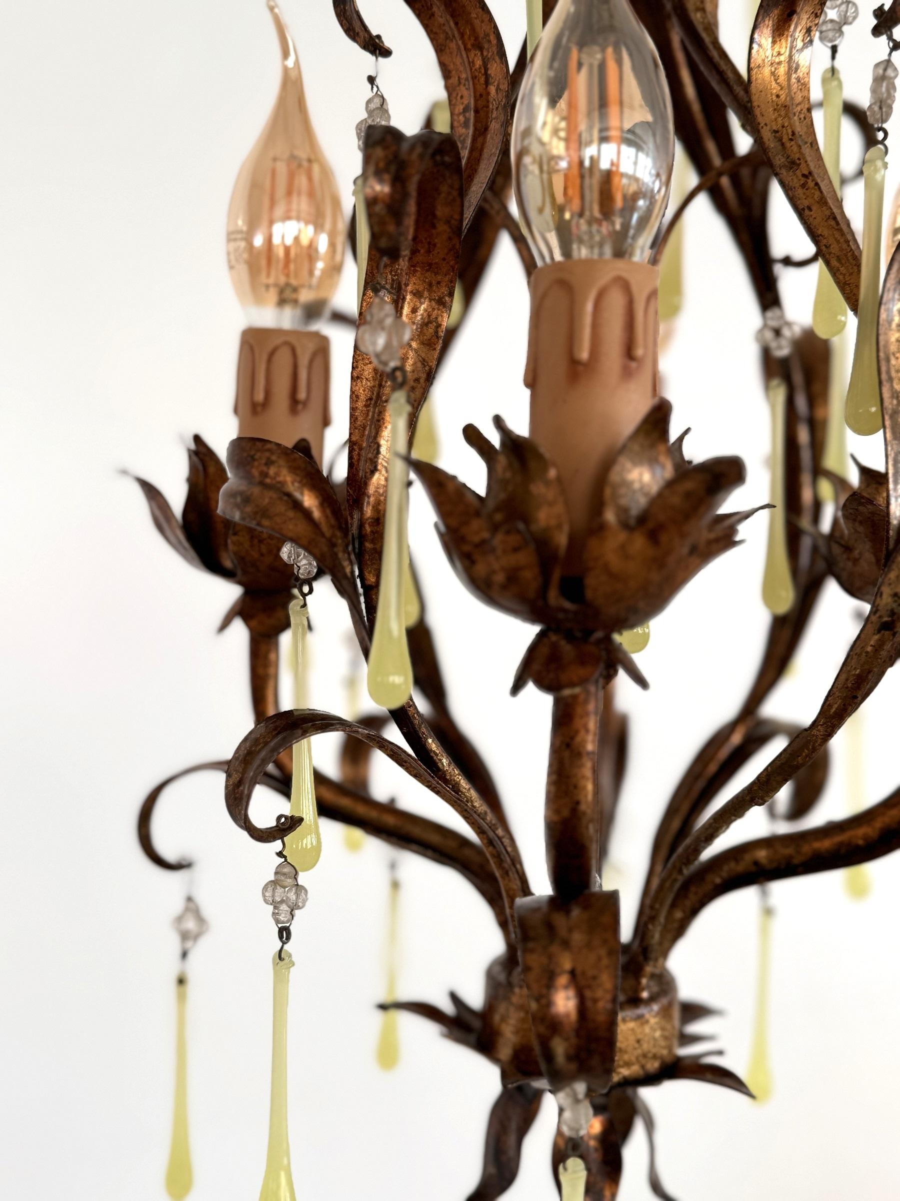 Lustre italien du milieu du siècle dernier en verre de Murano doré avec gouttes de verre jaune, années 1960 en vente 7