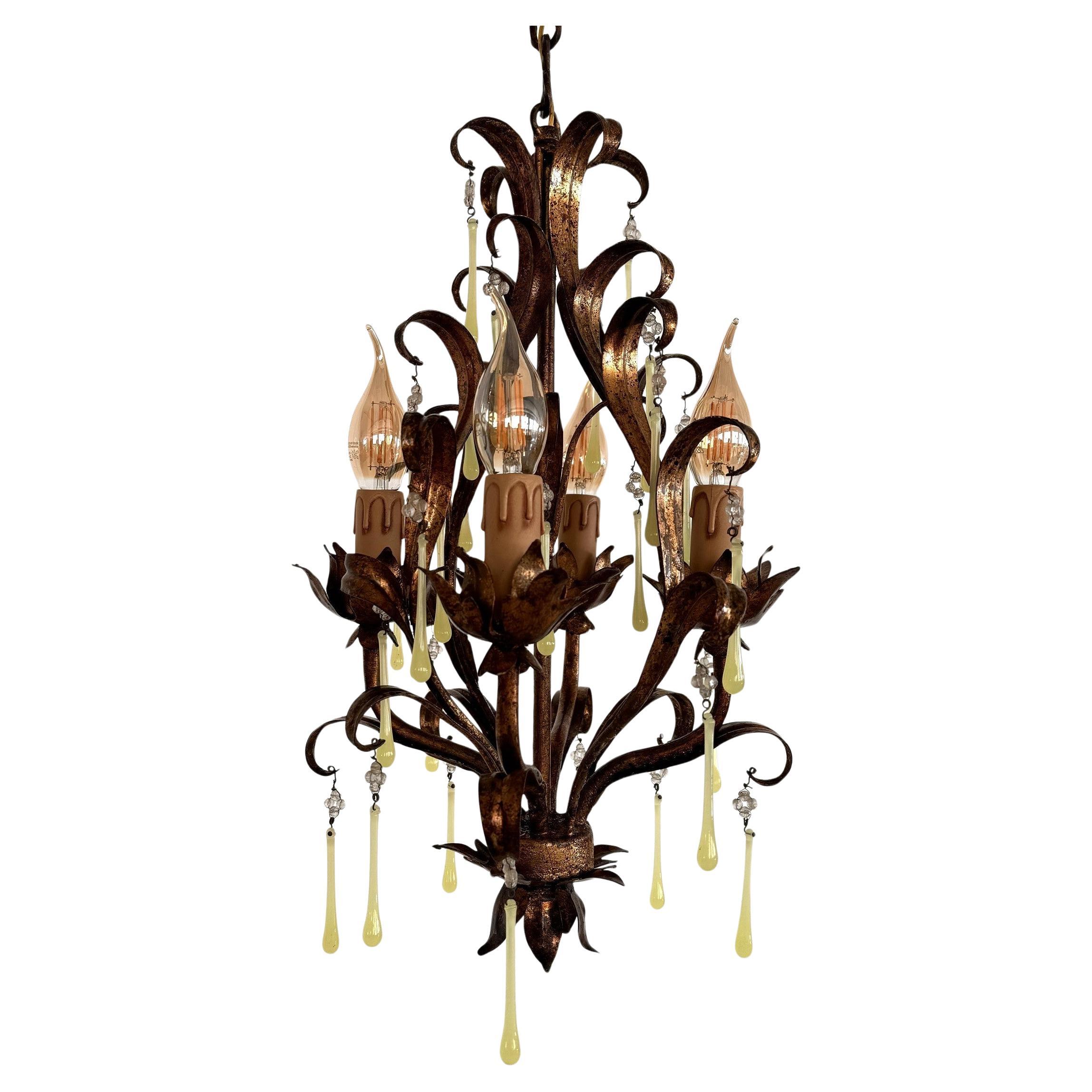 Lustre italien du milieu du siècle dernier en verre de Murano doré avec gouttes de verre jaune, années 1960