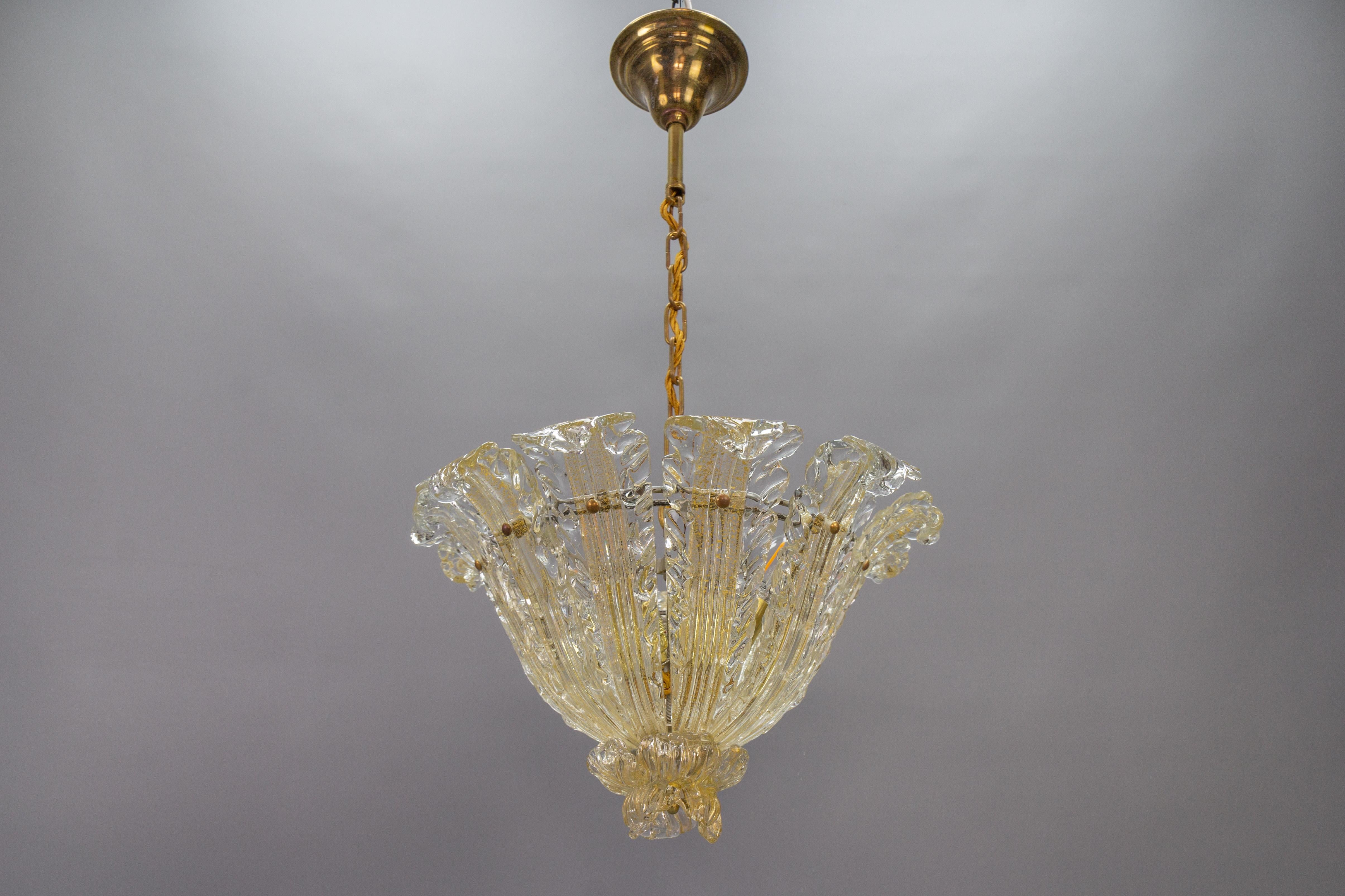 Italian Mid-Century Murano Glass Gold Inclusion Foliage Pendant Light, 1950s For Sale 6
