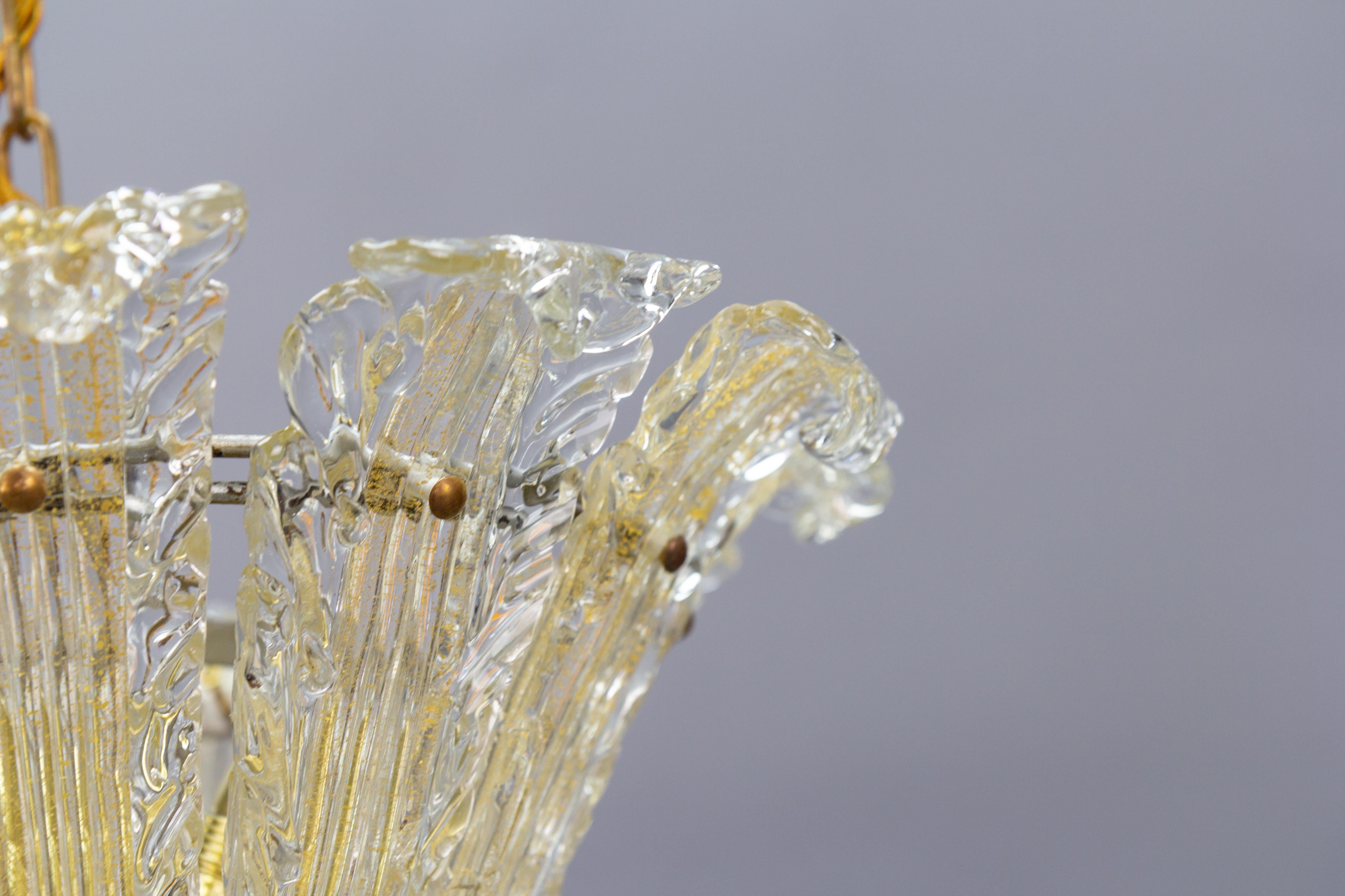 Metal Italian Mid-Century Murano Glass Gold Inclusion Foliage Pendant Light, 1950s For Sale