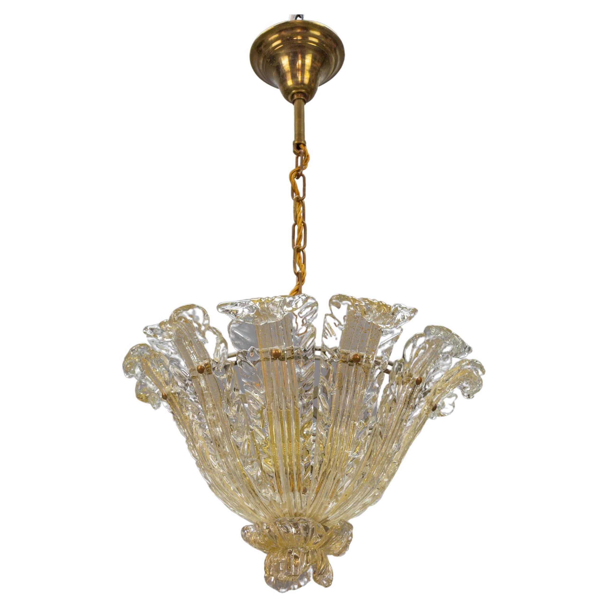 Italian Mid-Century Murano Glass Gold Inclusion Foliage Pendant Light, 1950s