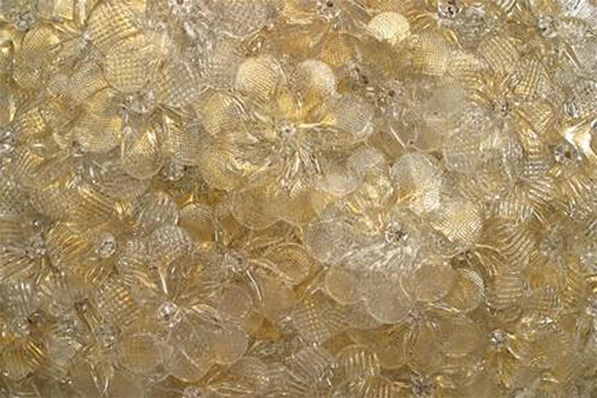 6 Italian Mid-Century-Style (1940's) Murano flush mounted dome shaped ceiling fixtures with gold dusted glass flowers attached to brass (interior) frame (PRICED EACH)
