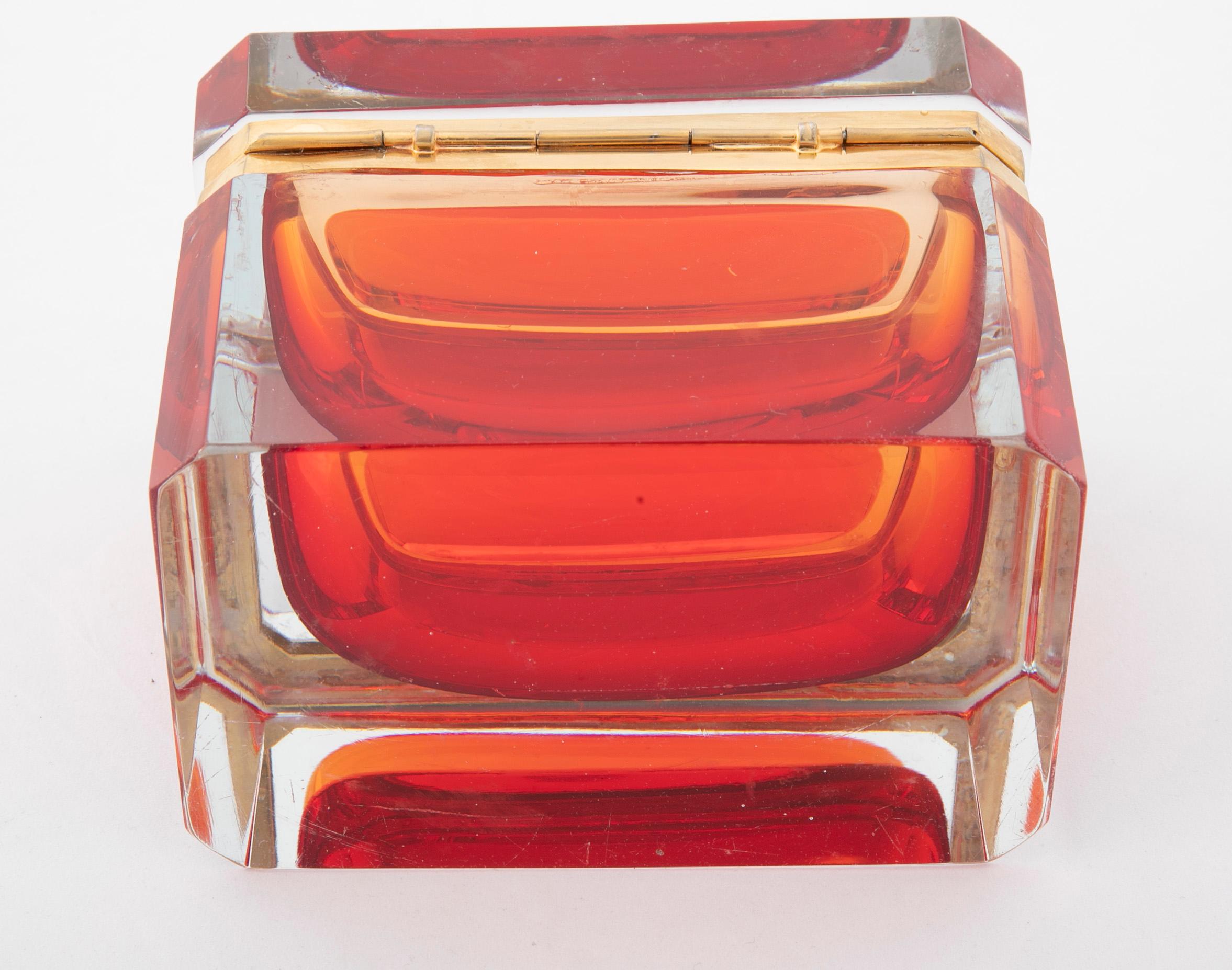 Italian Midcentury Murano Sommerso Cherry Red Interior to Clear Glass Box 5