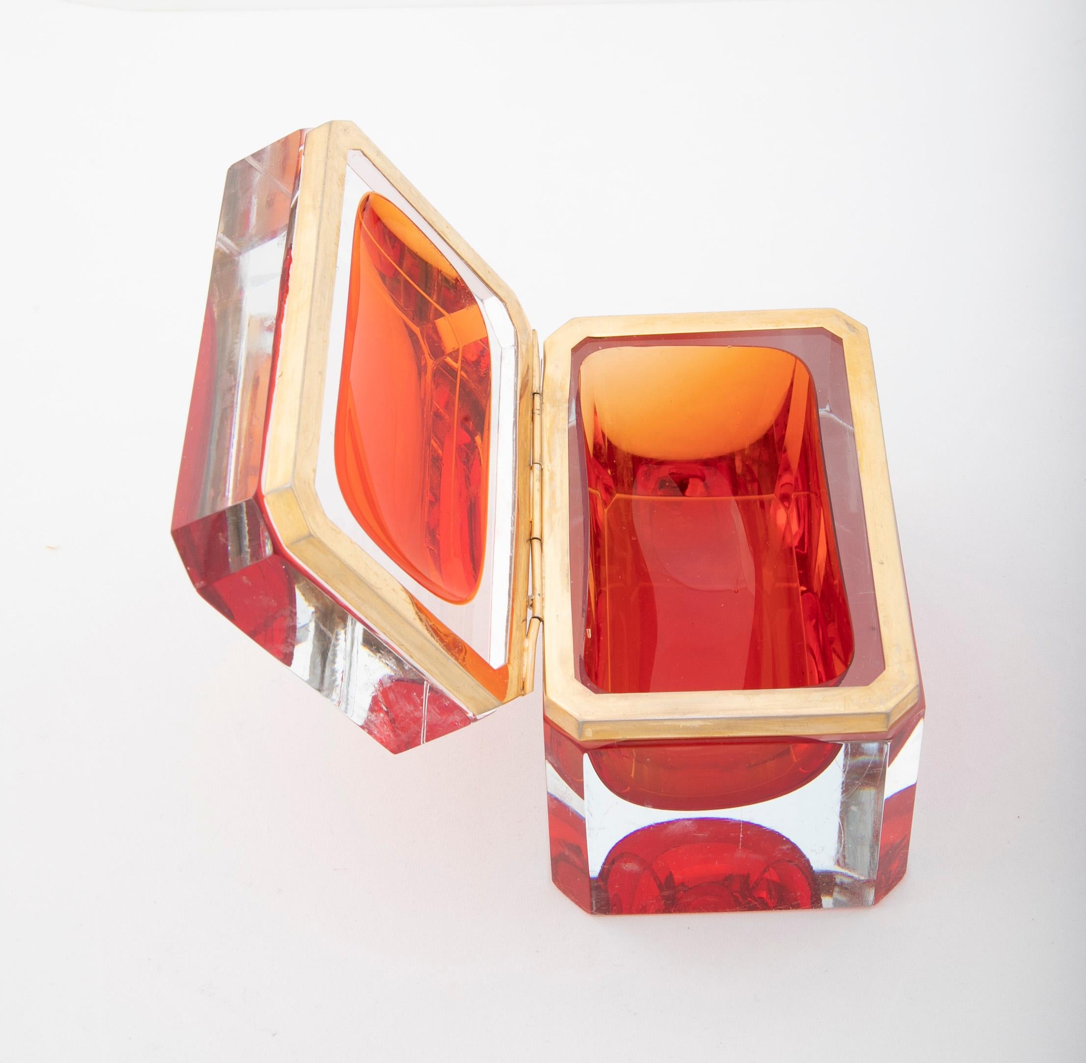 Italian Midcentury Murano Sommerso Cherry Red Interior to Clear Glass Box 2