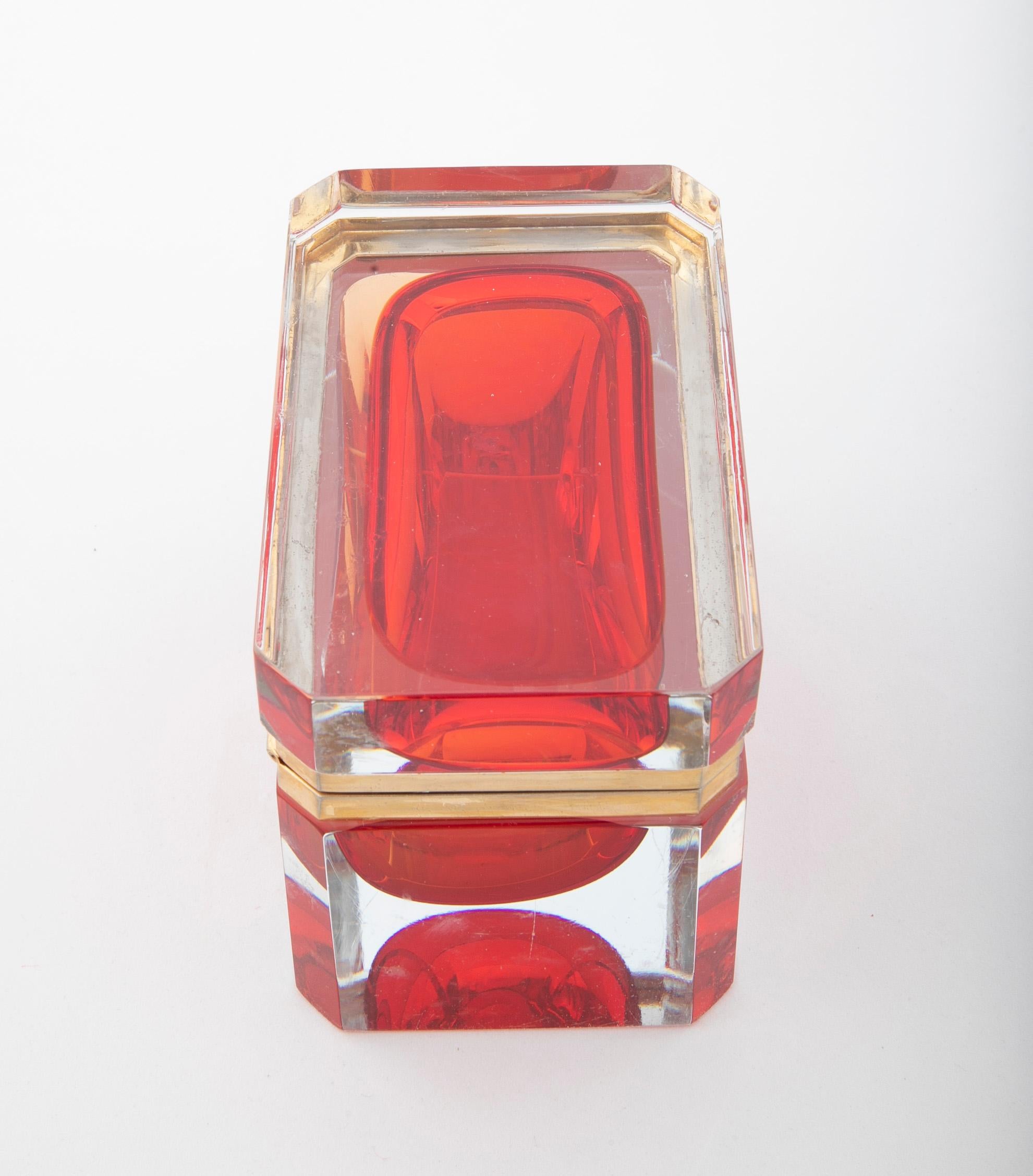 Italian Midcentury Murano Sommerso Cherry Red Interior to Clear Glass Box 3