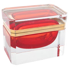 Italian Midcentury Murano Sommerso Cherry Red Interior to Clear Glass Box