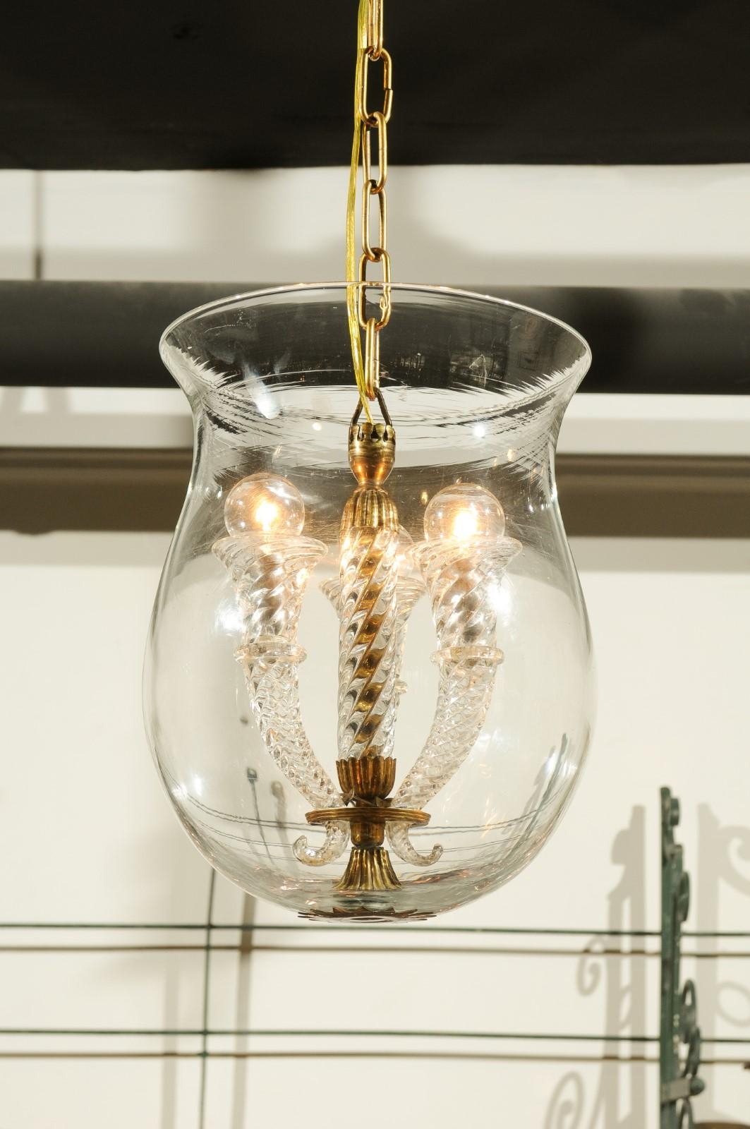 Italian Midcentury Murano Three-Light Cloche Pendant with Twisted Volutes 4