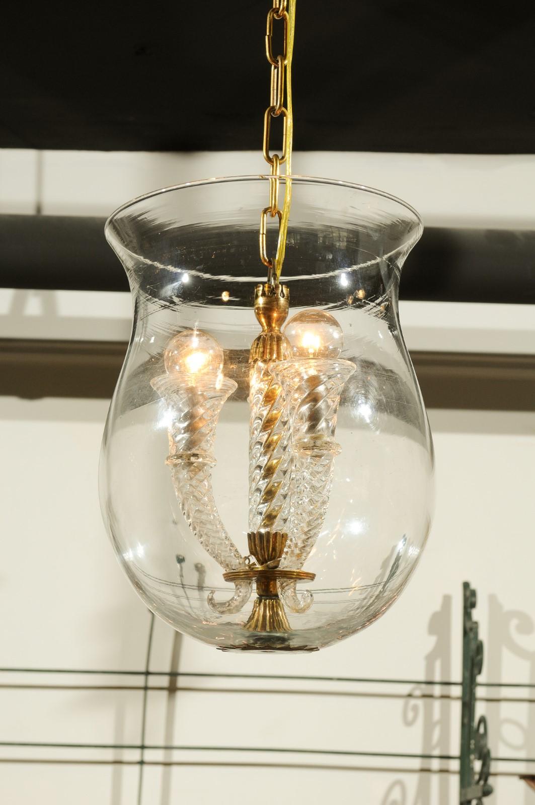 Italian Midcentury Murano Three-Light Cloche Pendant with Twisted Volutes In Good Condition In Atlanta, GA