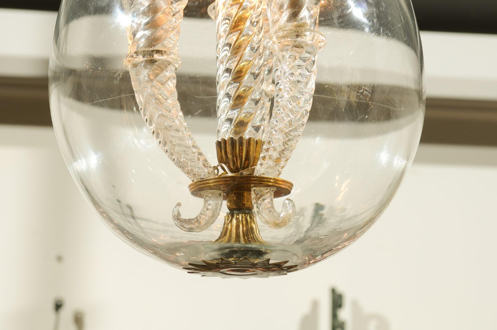 20th Century Italian Midcentury Murano Three-Light Cloche Pendant with Twisted Volutes
