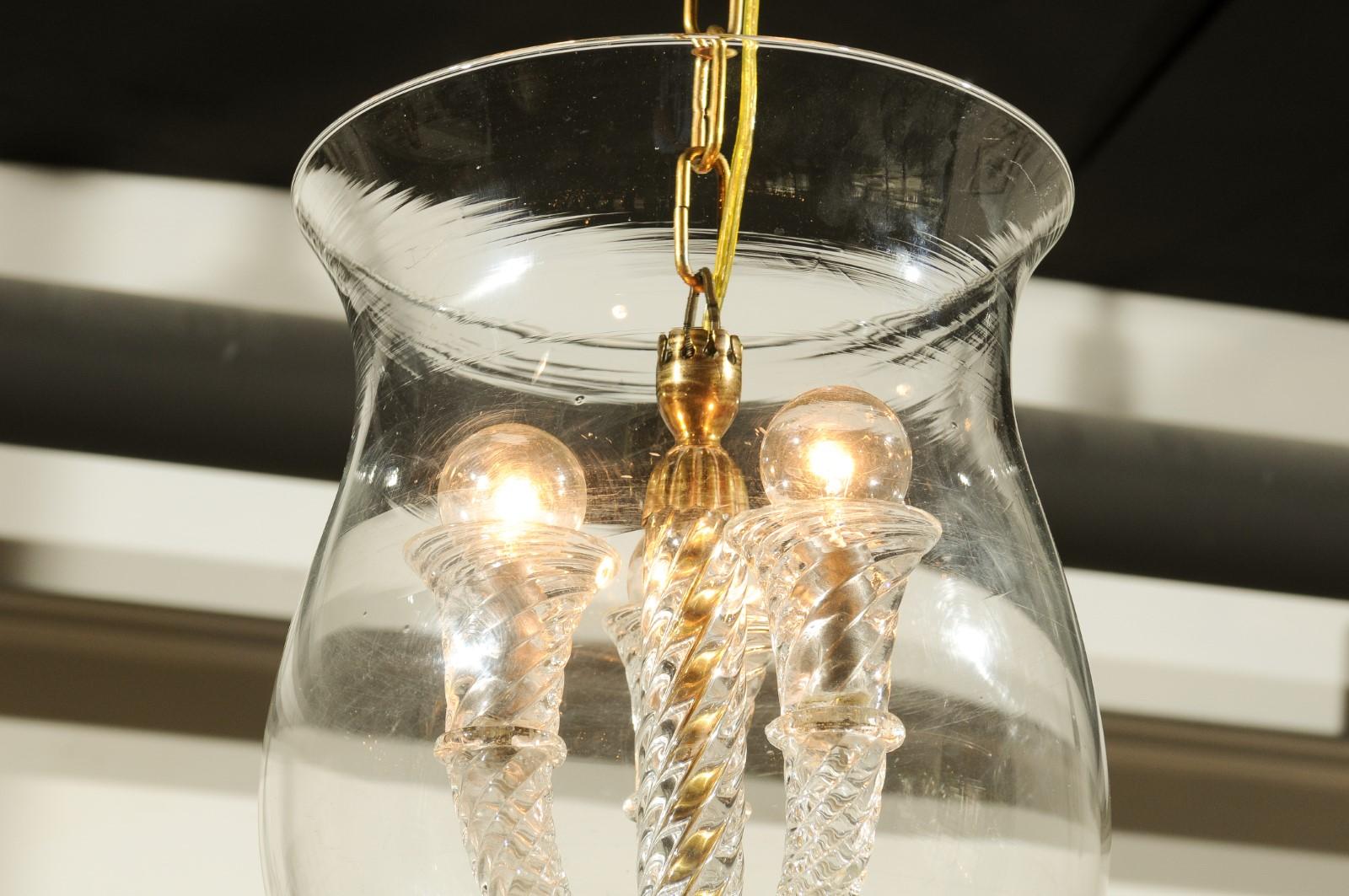 Murano Glass Italian Midcentury Murano Three-Light Cloche Pendant with Twisted Volutes