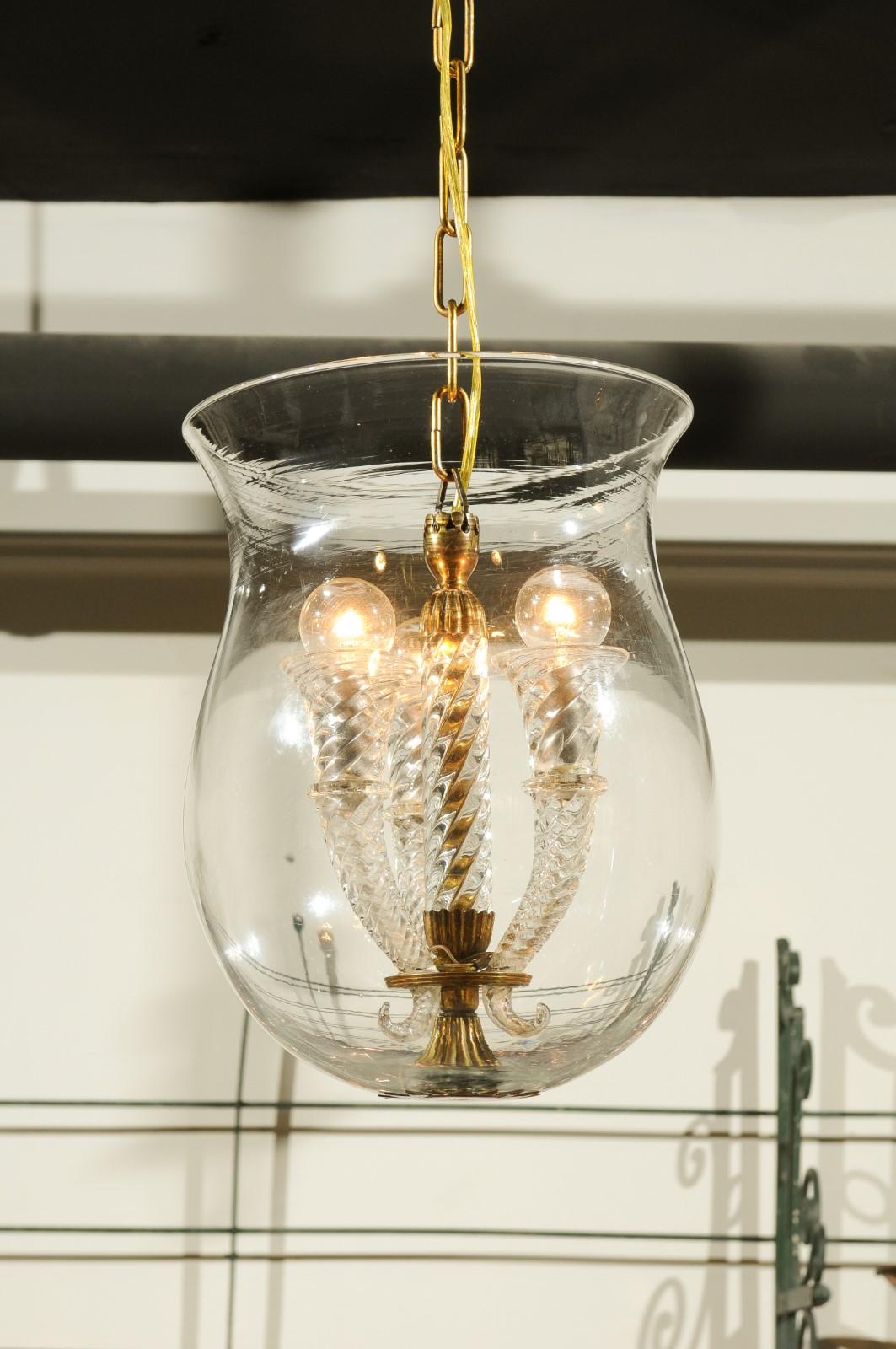 Italian Midcentury Murano Three-Light Cloche Pendant with Twisted Volutes 1
