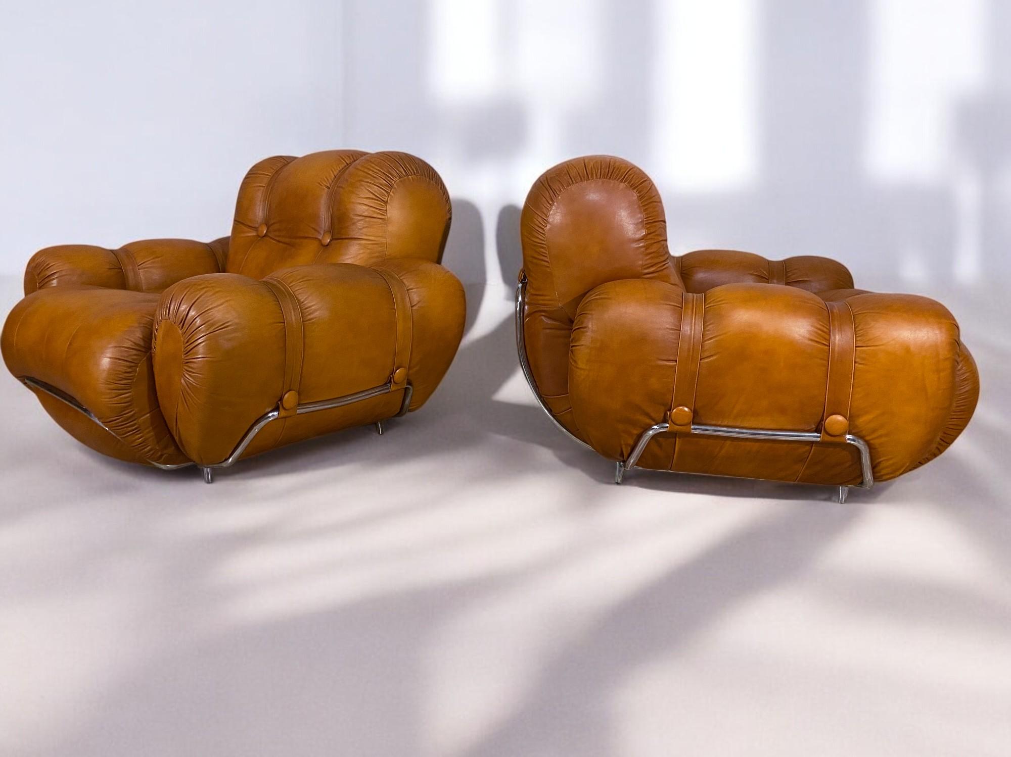 Italian Mid-Century Natural Leather Space Age Armchairs, 1970s For Sale 5