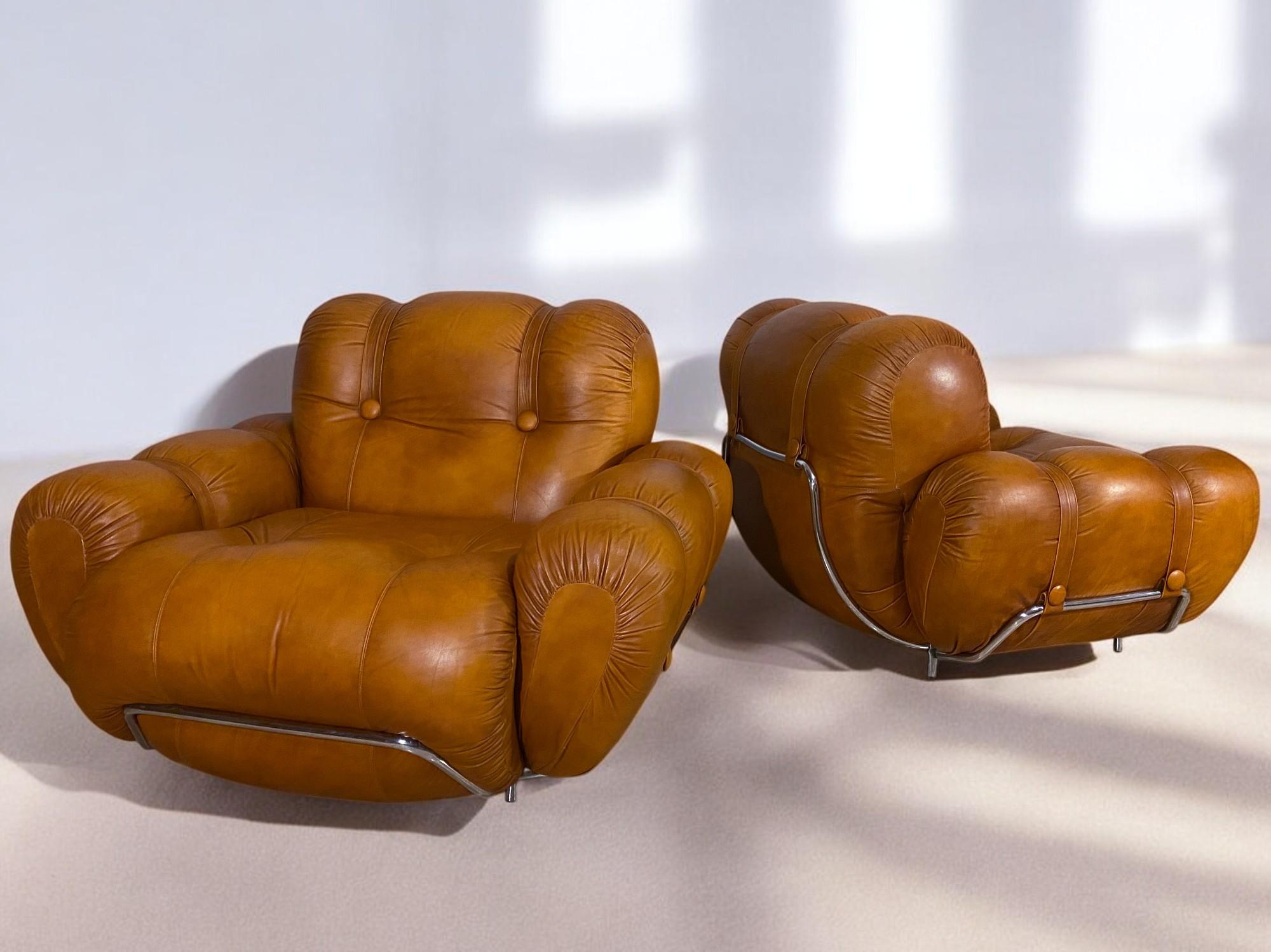 Italian Mid-Century Natural Leather Space Age Armchairs, 1970s For Sale 6