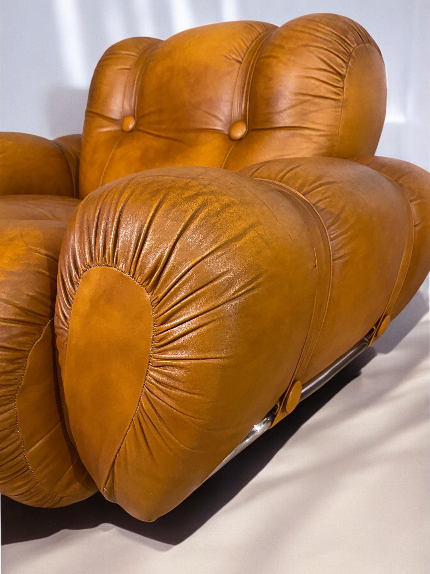 Italian Mid-Century Natural Leather Space Age Armchairs, 1970s For Sale 8