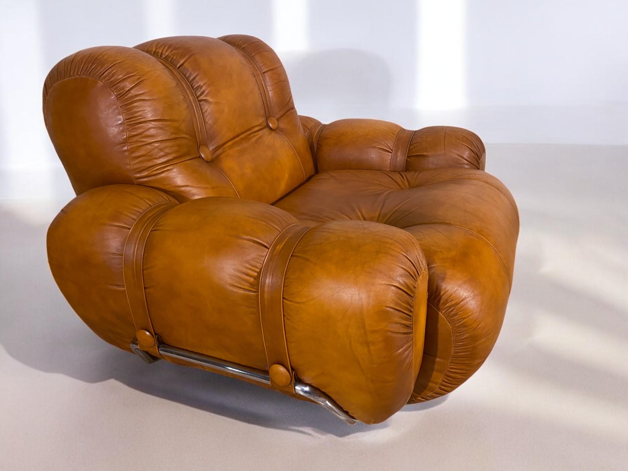 Italian Mid-Century Natural Leather Space Age Armchairs, 1970s For Sale 10