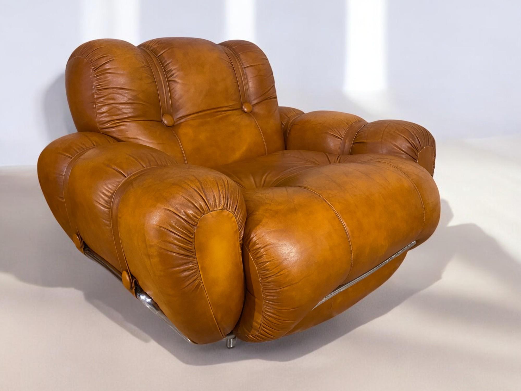 Italian Mid-Century Natural Leather Space Age Armchairs, 1970s For Sale 11