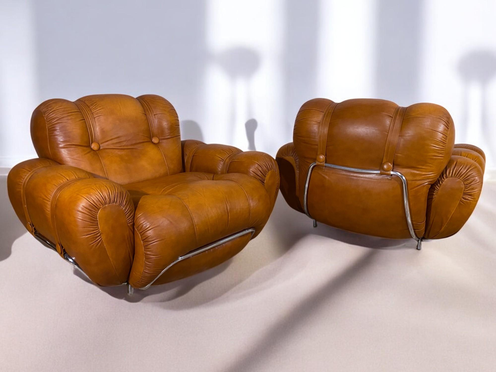 Italian Mid-Century Natural Leather Space Age Armchairs, 1970s For Sale 12