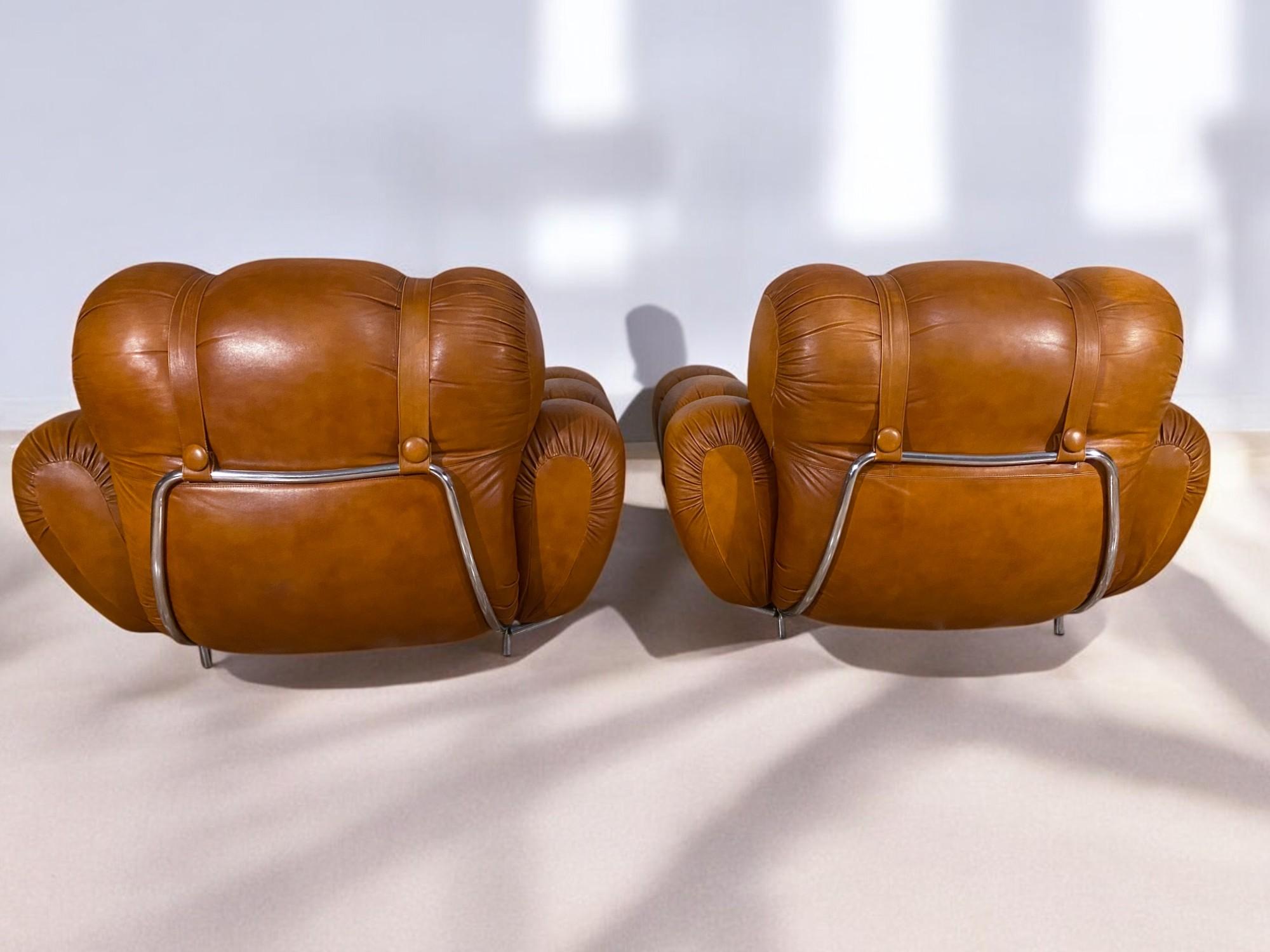 Italian Mid-Century Natural Leather Space Age Armchairs, 1970s For Sale 14
