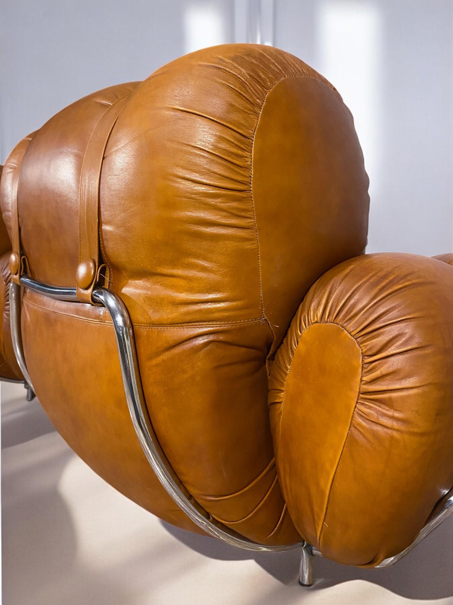 Italian Mid-Century Natural Leather Space Age Armchairs, 1970s For Sale 15
