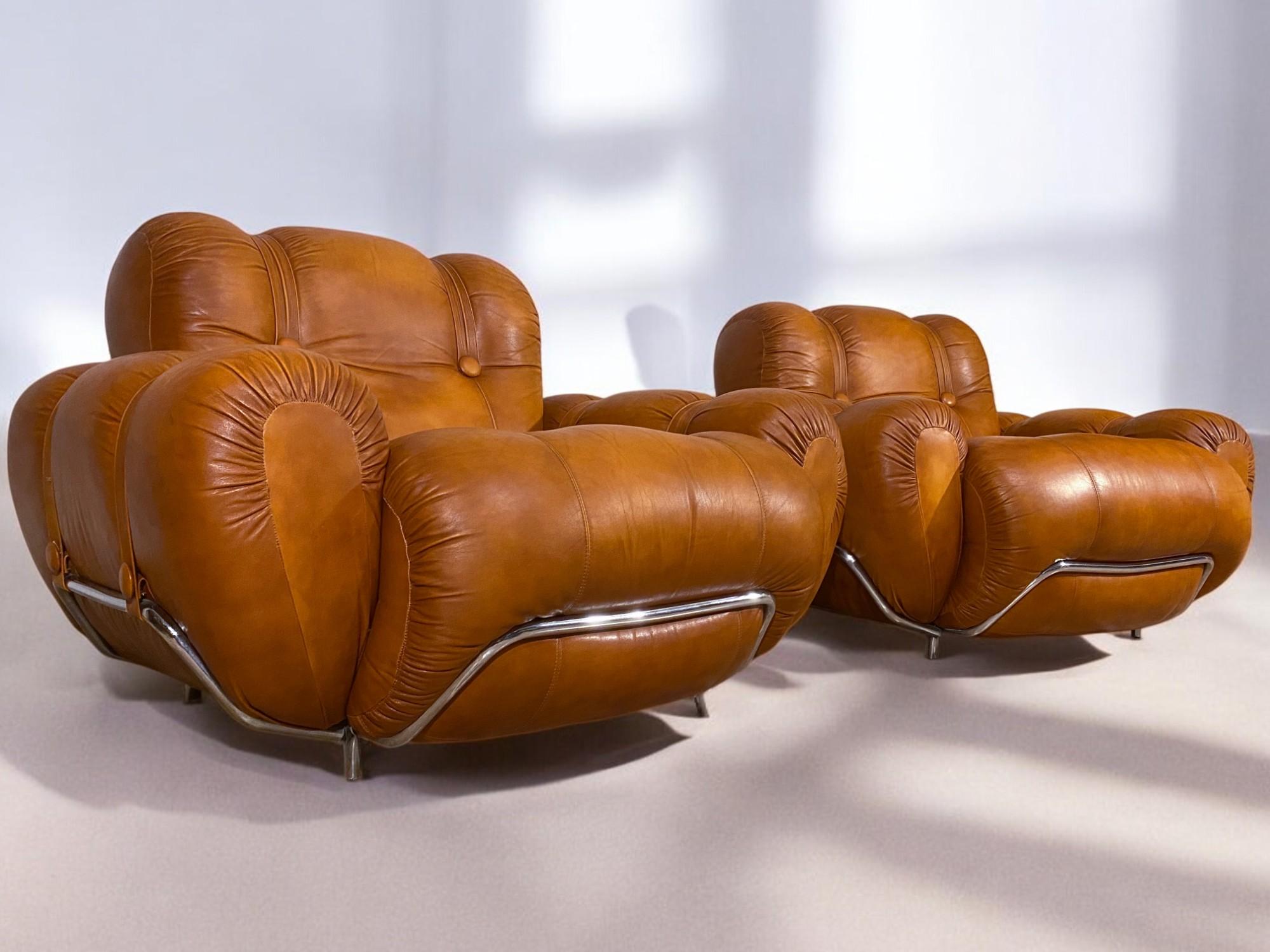 Metal Italian Mid-Century Natural Leather Space Age Armchairs, 1970s For Sale
