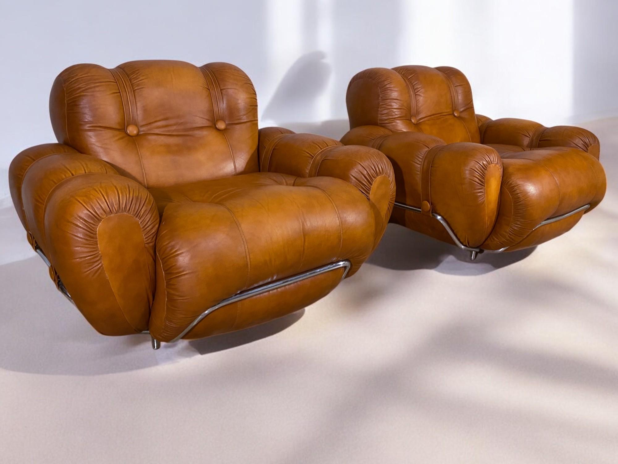 Italian Mid-Century Natural Leather Space Age Armchairs, 1970s For Sale 1