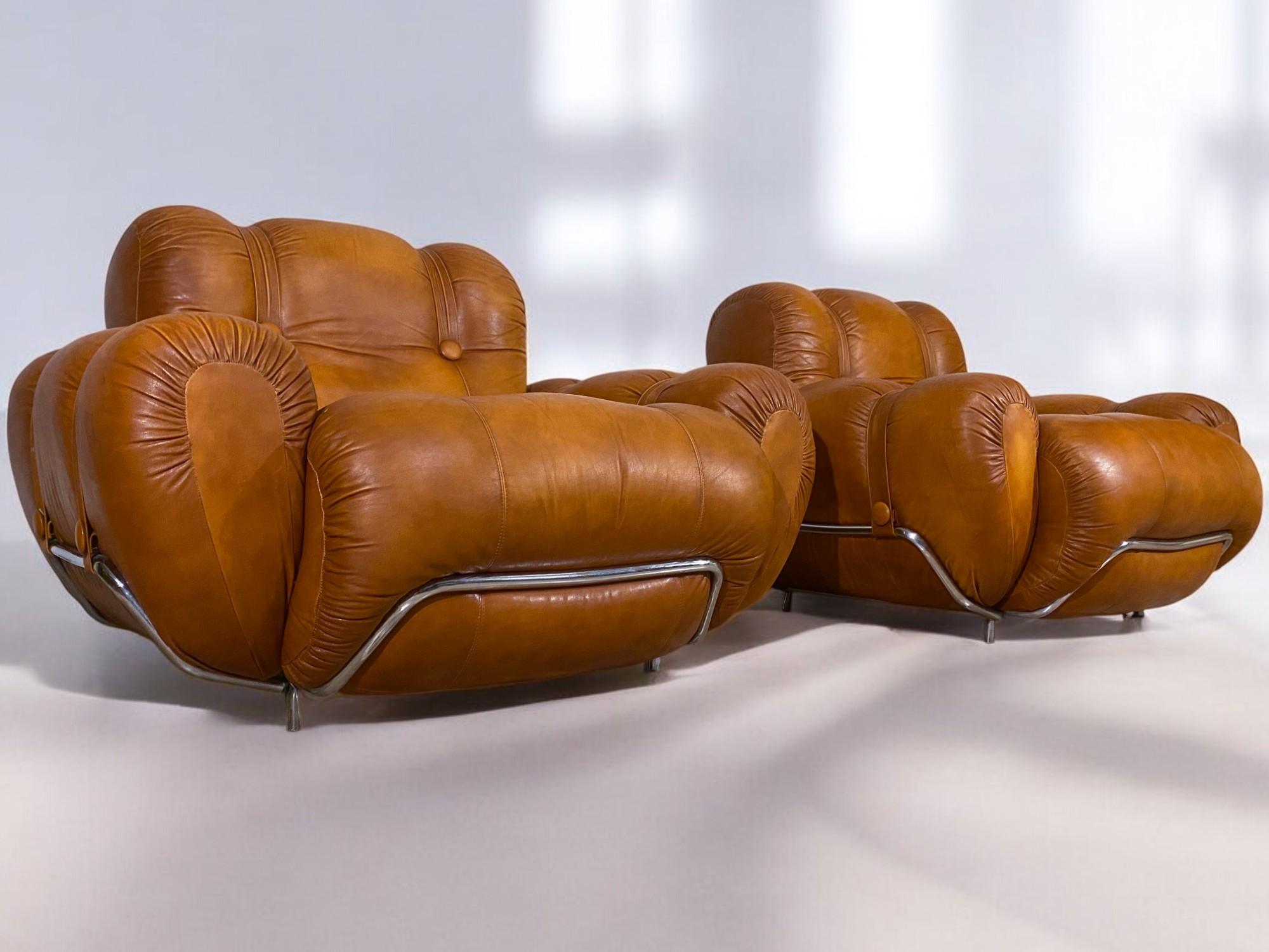Italian Mid-Century Natural Leather Space Age Armchairs, 1970s For Sale 2