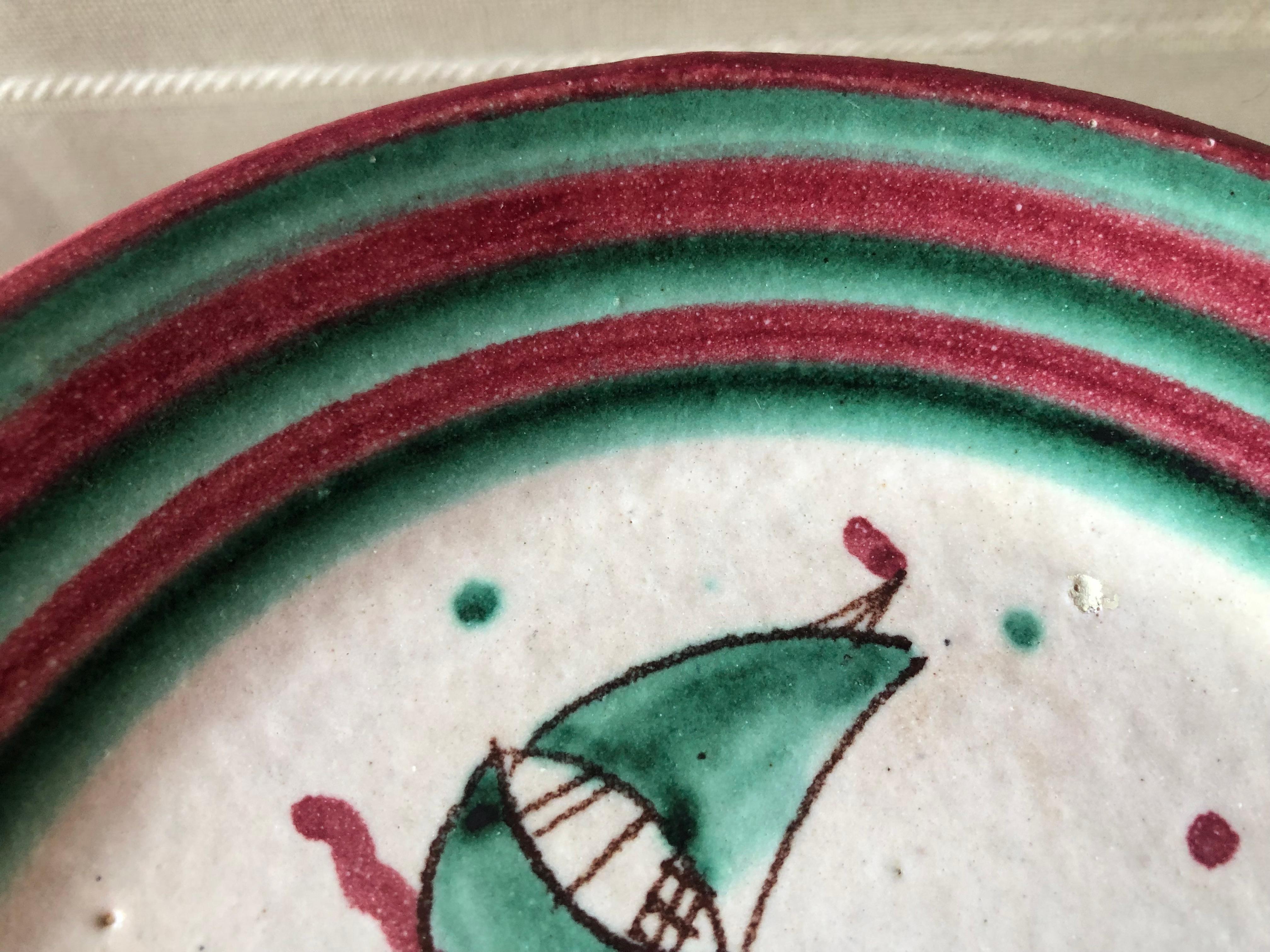 Hand-Painted Italian Mid Century Hand Painted Sailboat Scene Stoneware Centrepiece Plate For Sale