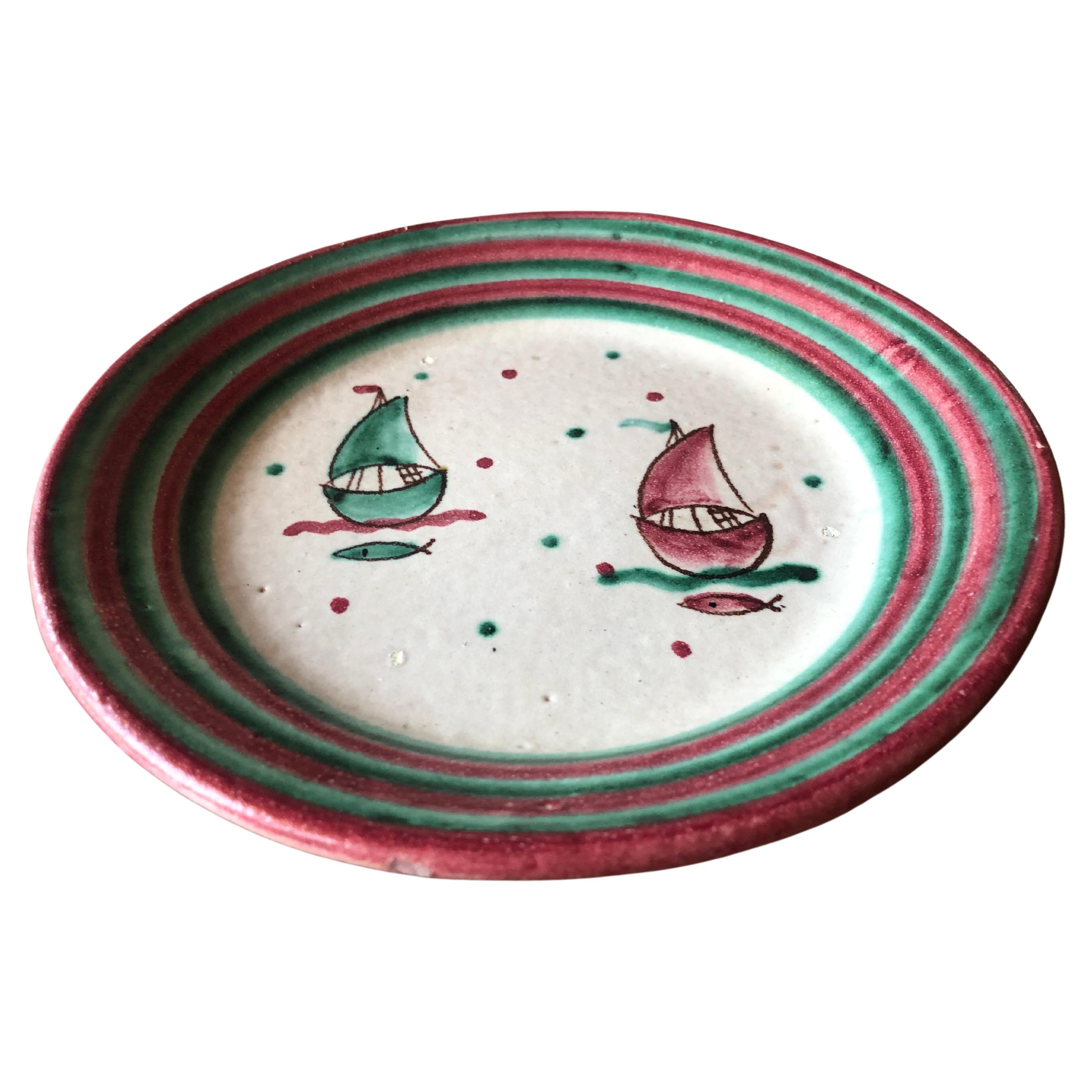 Italian Mid Century Hand Painted Sailboat Scene Stoneware Centrepiece Plate For Sale 2