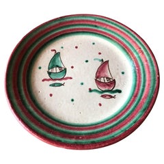 Italian Mid Century Hand Painted Sailboat Scene Stoneware Centrepiece Plate
