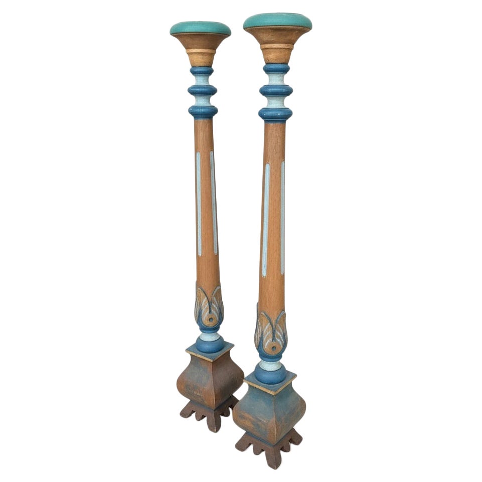 Italian Mid-Century Neo-Classical Wood Pricket Candlesticks Candle Stands - Pair For Sale