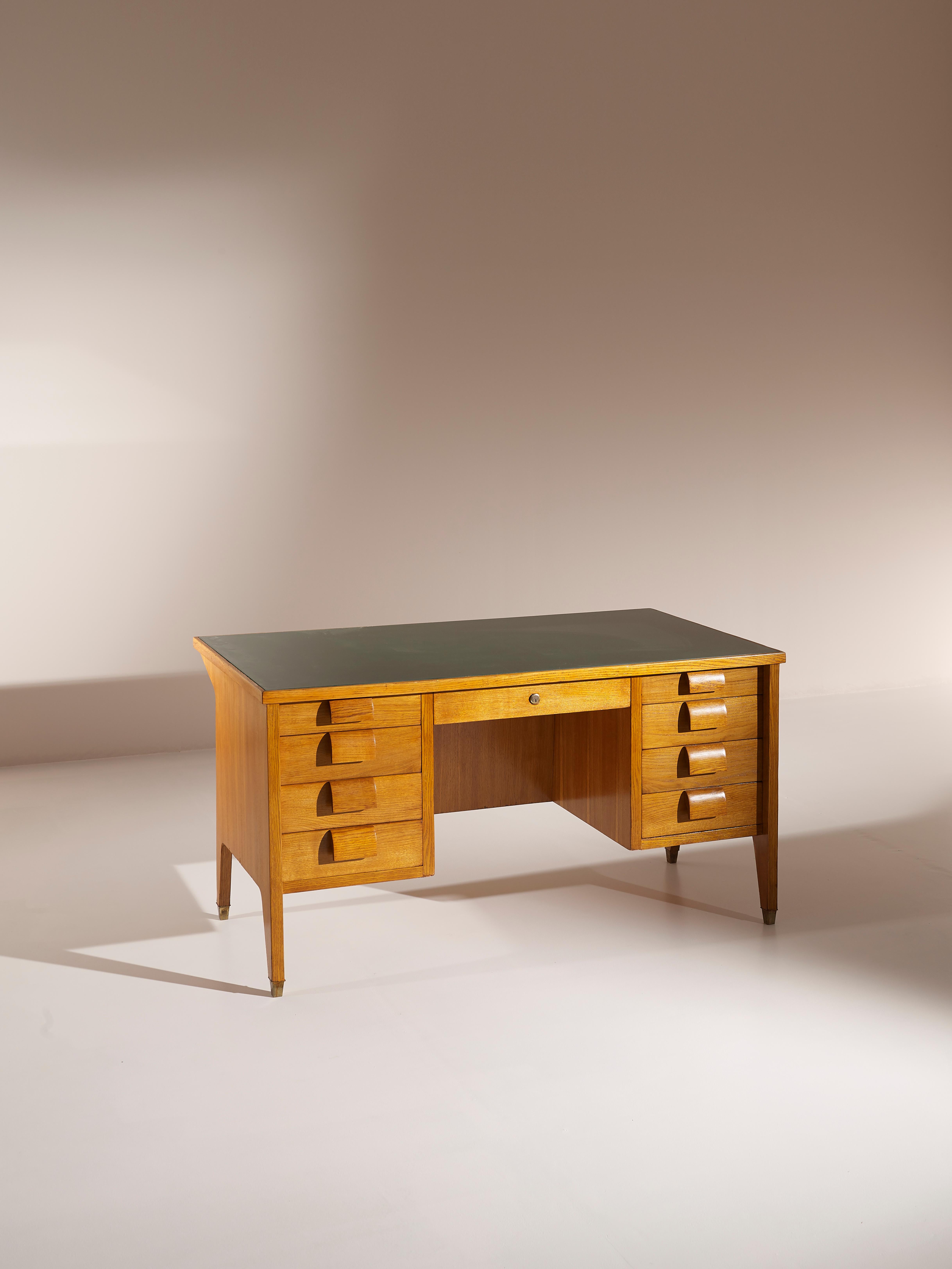 Italian Mid-Century Oak Desk Gio Ponti Inspired, with Brass Feet and Glass Top 4