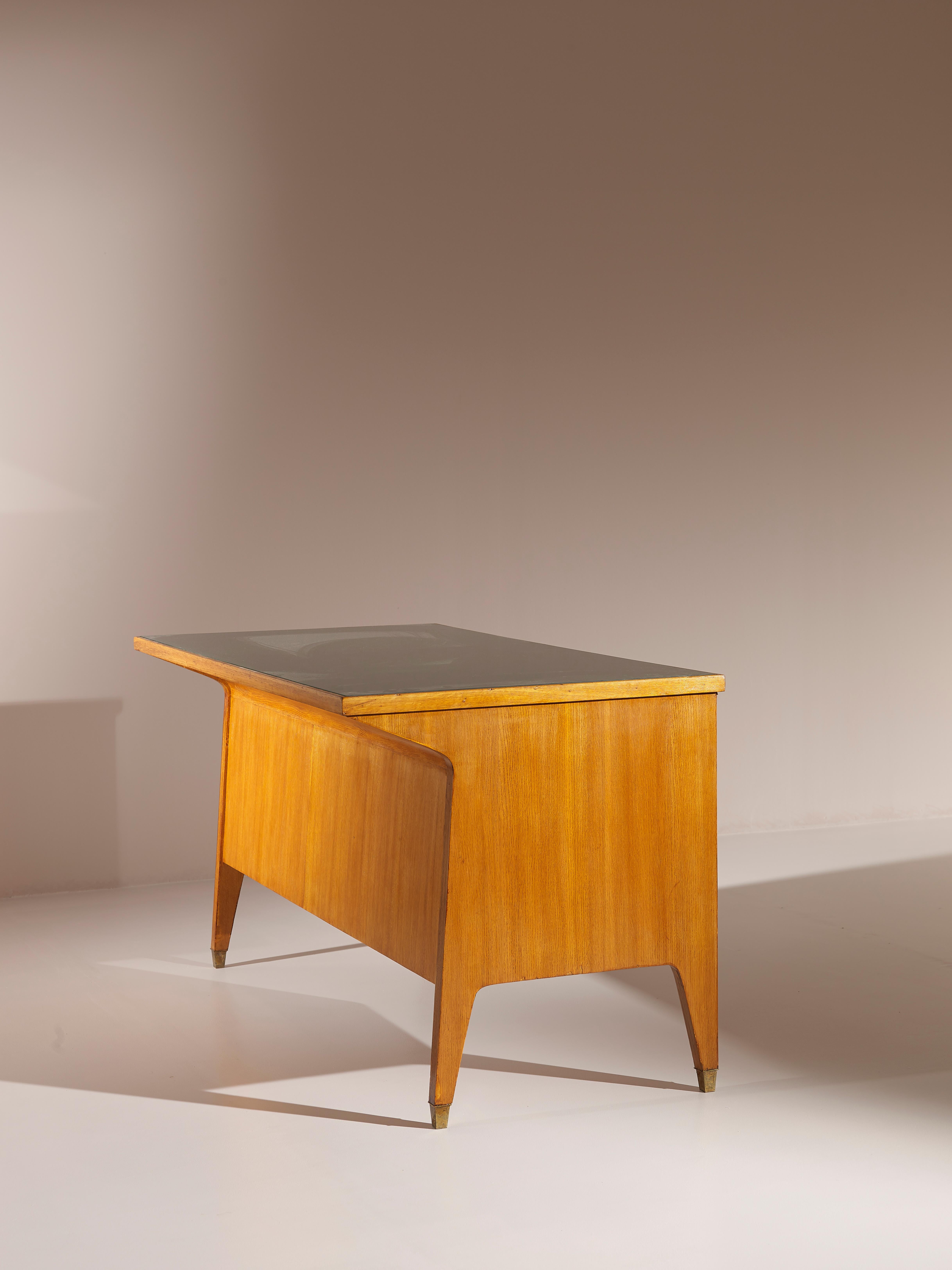 Mid-Century Modern Italian Mid-Century Oak Desk Gio Ponti Inspired, with Brass Feet and Glass Top