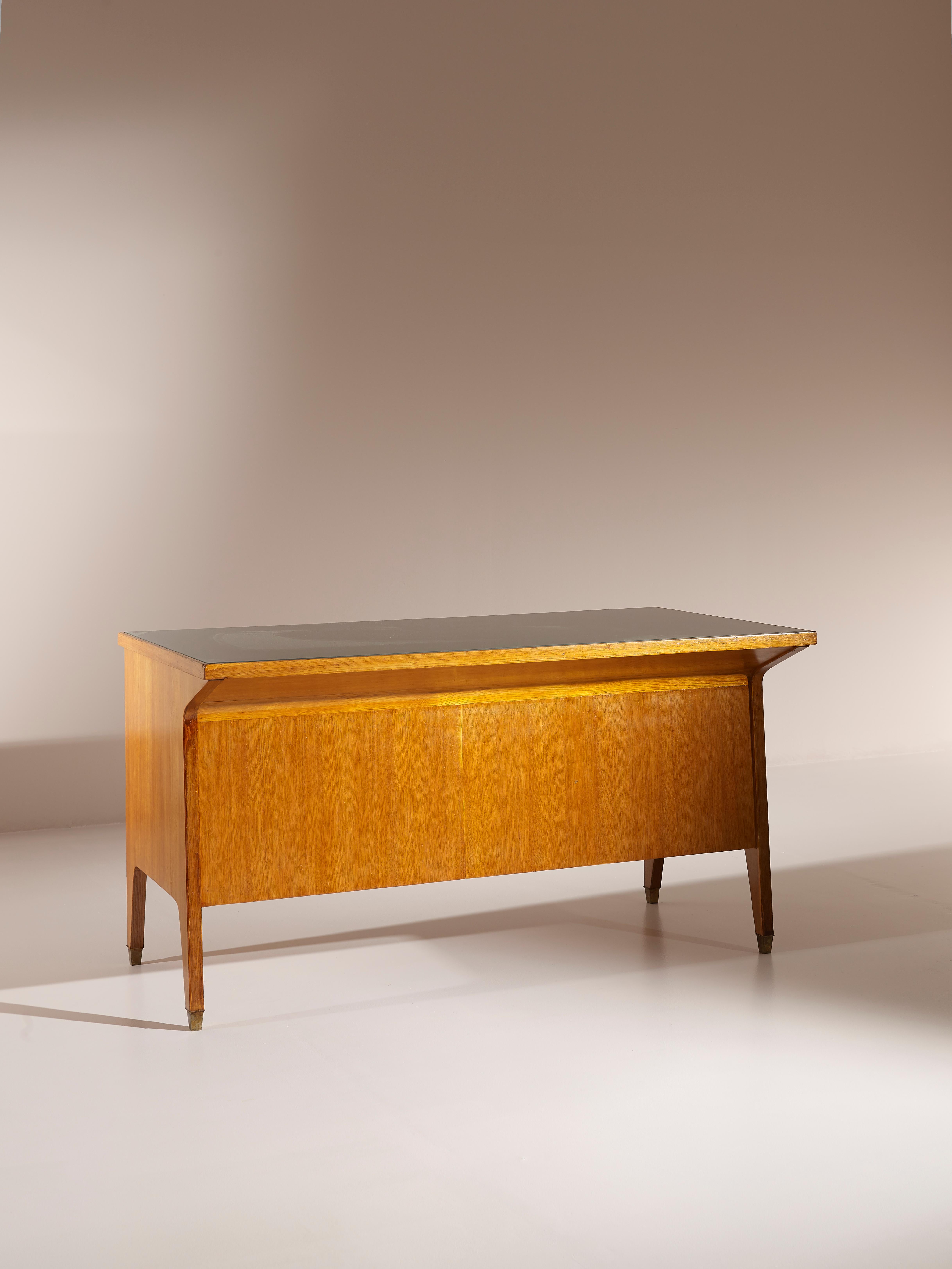 Mid-20th Century Italian Mid-Century Oak Desk Gio Ponti Inspired, with Brass Feet and Glass Top