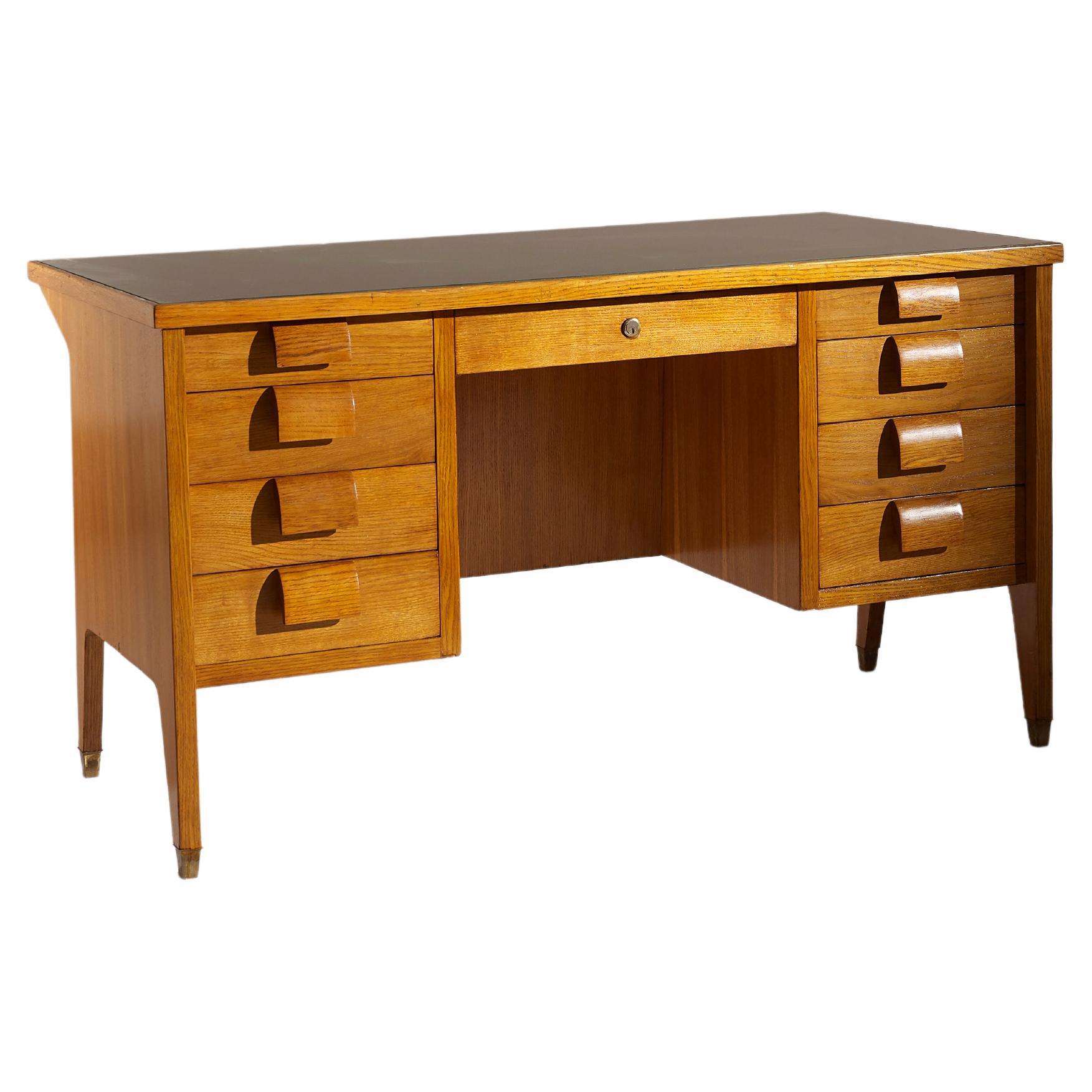Italian Mid-Century Oak Desk Gio Ponti Inspired, with Brass Feet and Glass Top