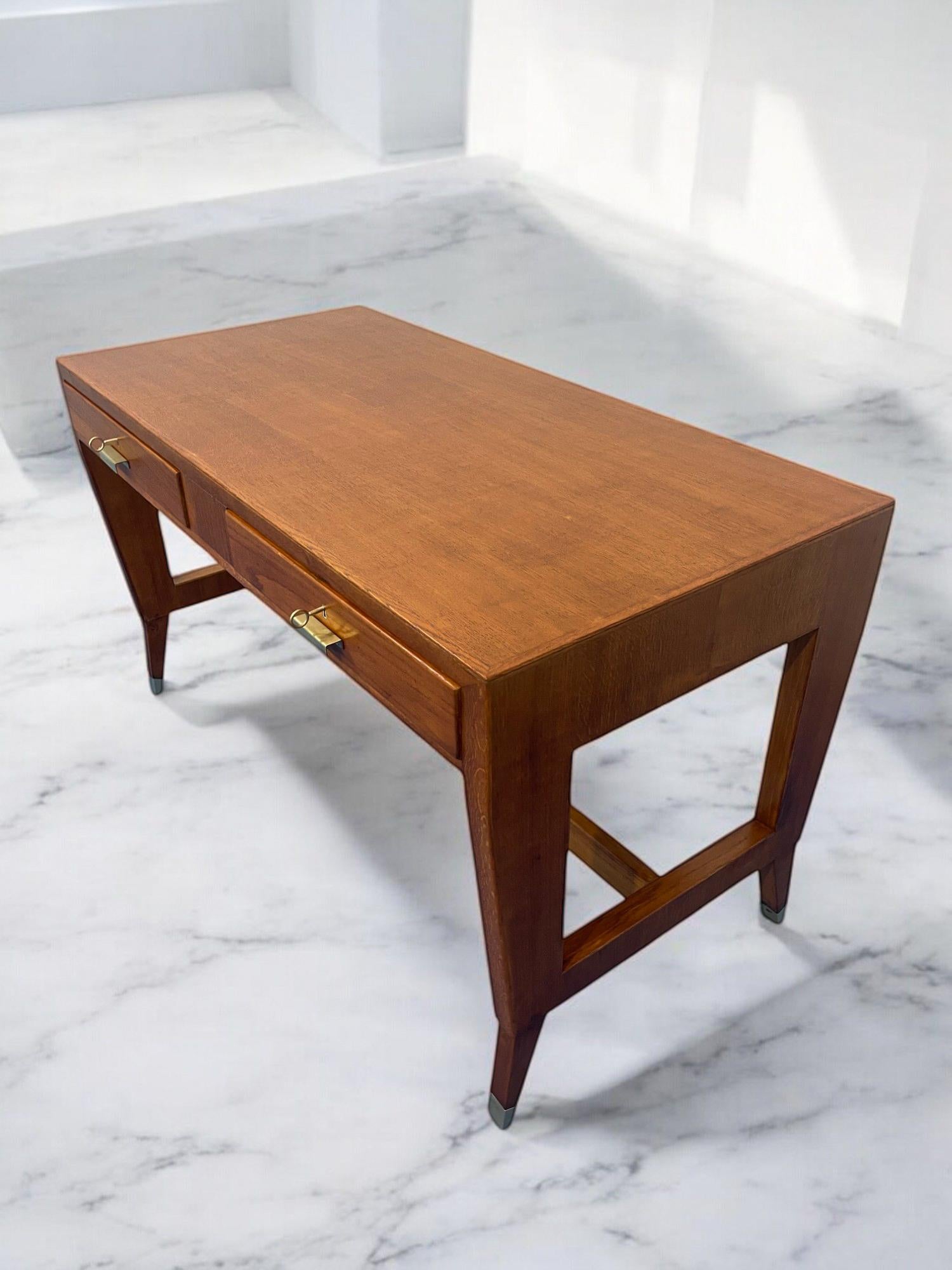 Brass Italian Mid Century Oak Table Desk designed by Gio' Ponti in 1950s for BNL