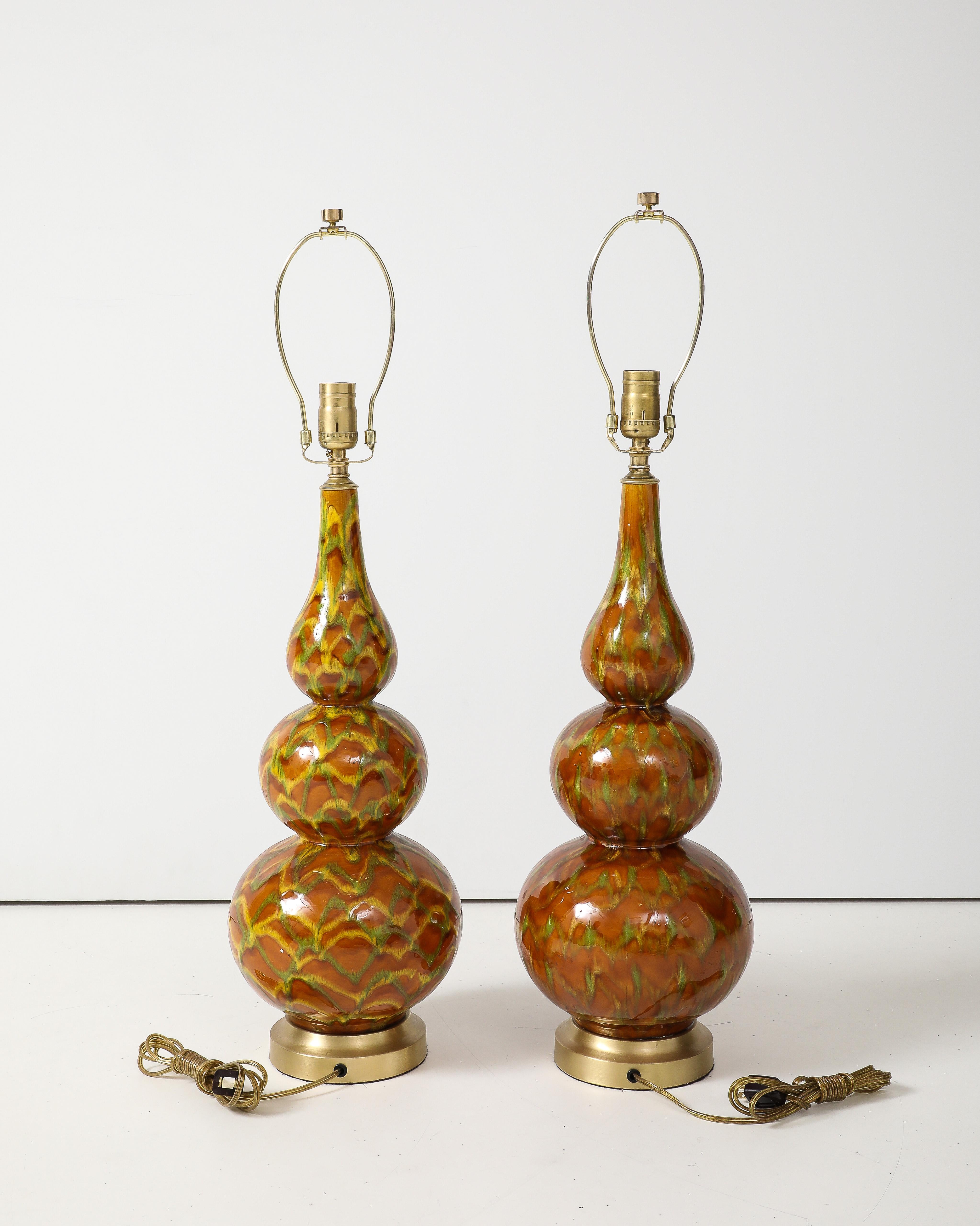 Italian Mid Century Ochre Glazed Gourd Lamps In Excellent Condition In New York, NY