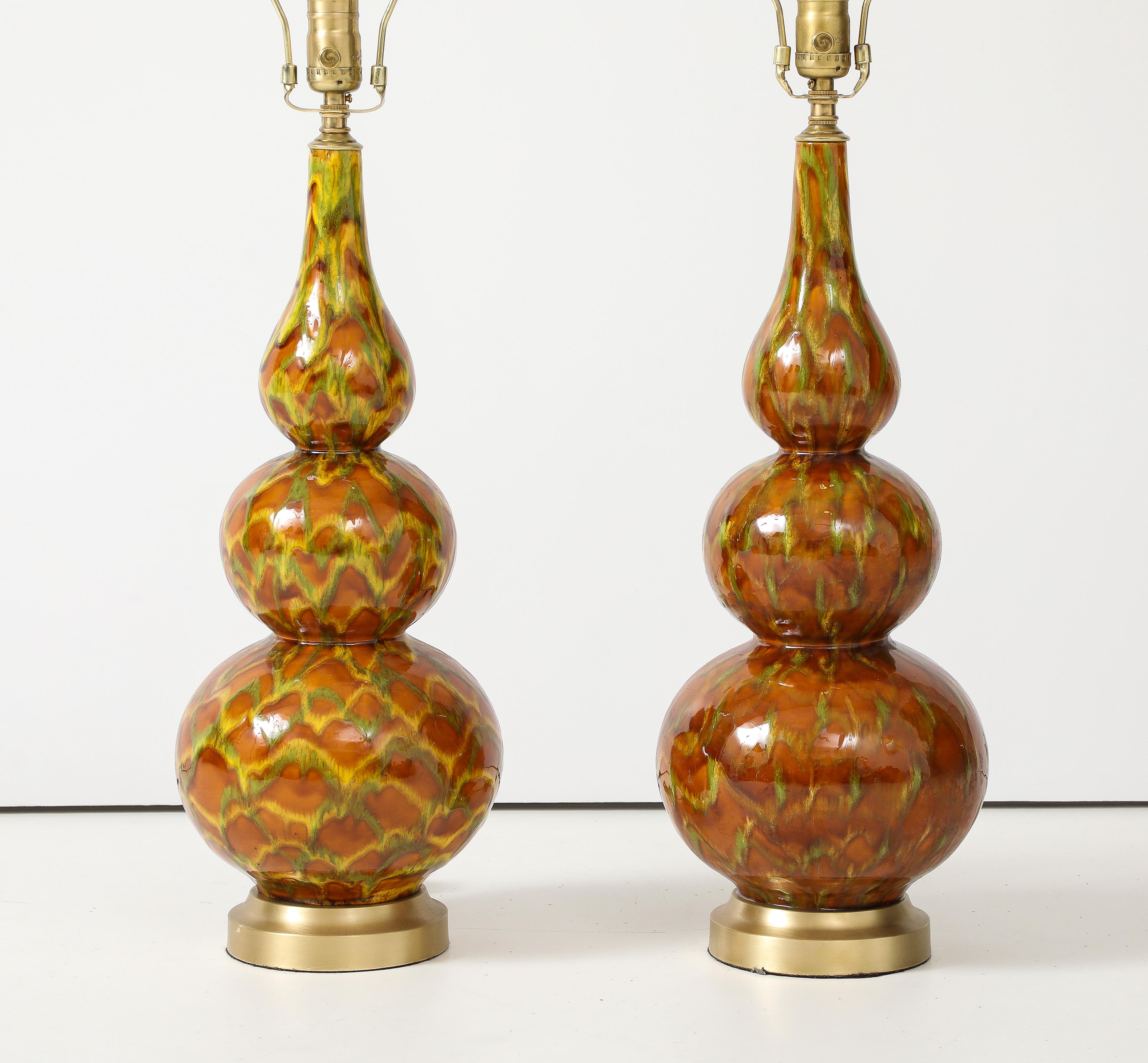 20th Century Italian Mid Century Ochre Glazed Gourd Lamps