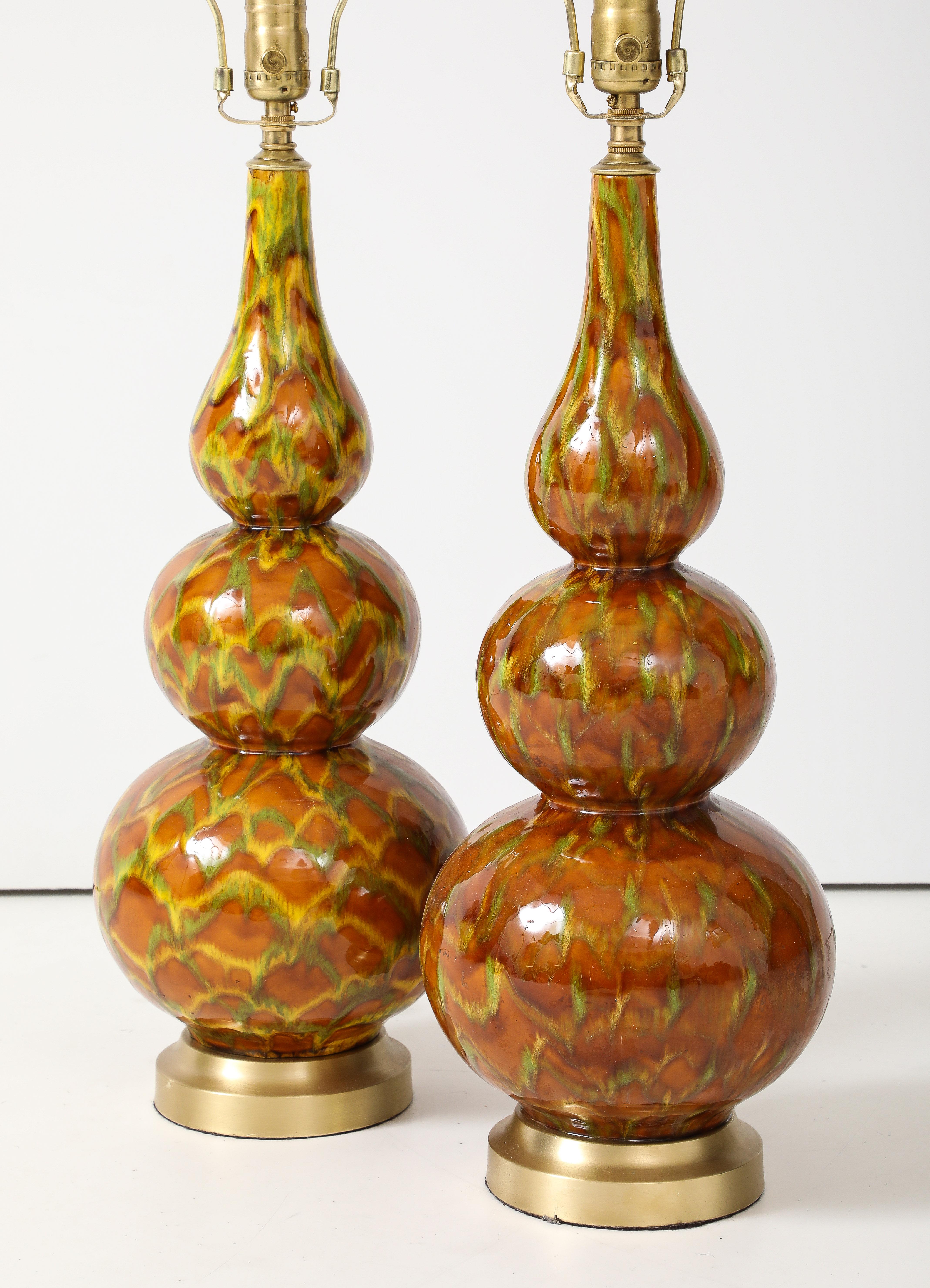 Brass Italian Mid Century Ochre Glazed Gourd Lamps