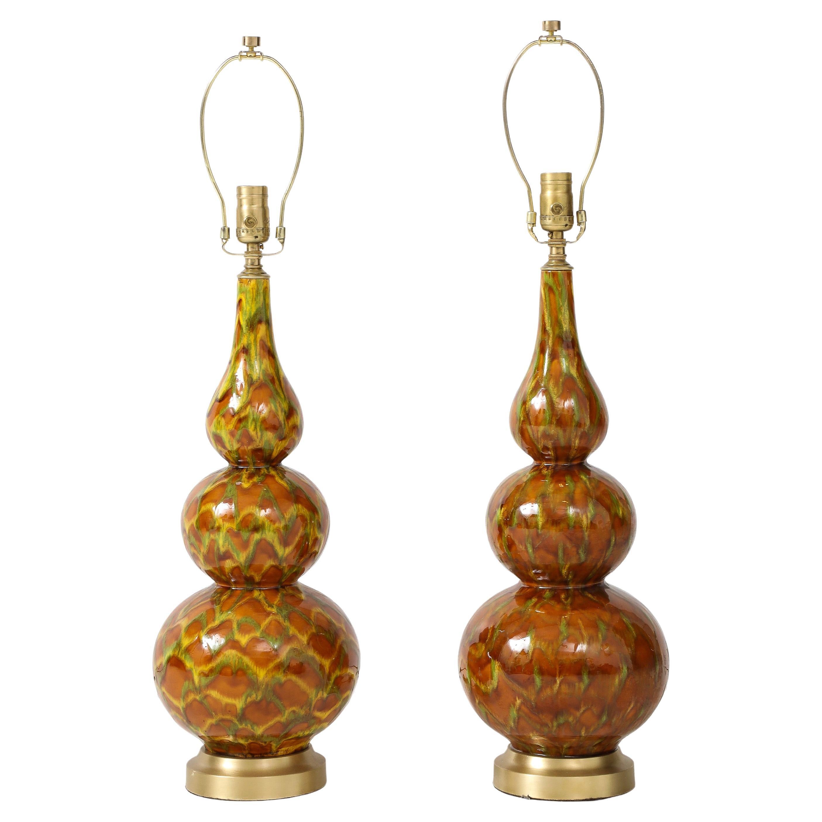 Italian Mid Century Ochre Glazed Gourd Lamps