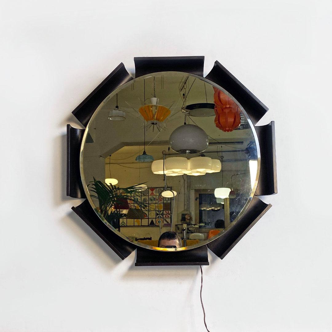Italian Mid Century Octagonal Solid Wood Frame Backlit Round Mirror, 1970s For Sale 1