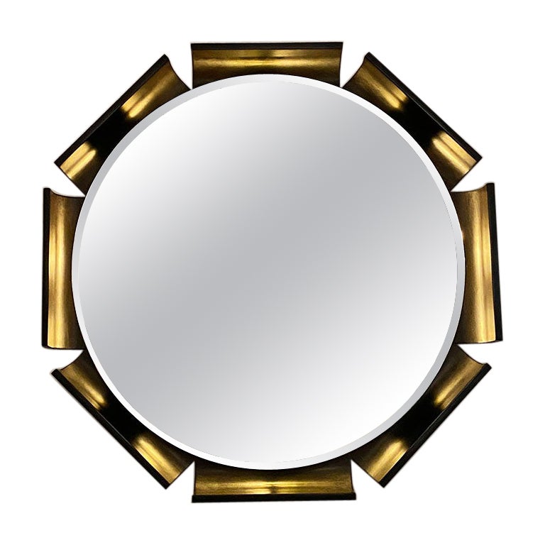 Italian Mid Century Octagonal Solid Wood Frame Backlit Round Mirror, 1970s