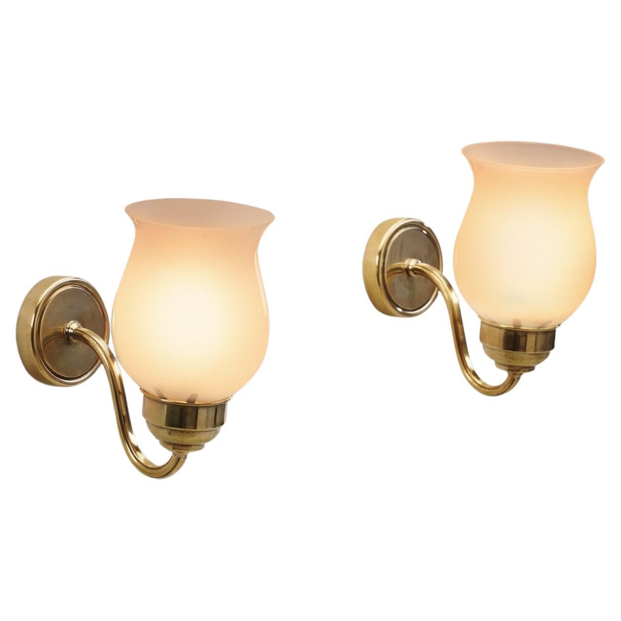 Italian Midcentury Opal Glass and Brass Wall Lamps, Italy, 1950s