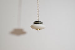 Italian Mid-Century Glass, Brass, and Black Metal Pendant Light