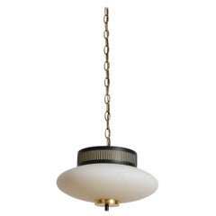 Italian Mid-Century Glass, Brass, and Black Metal Pendant Light