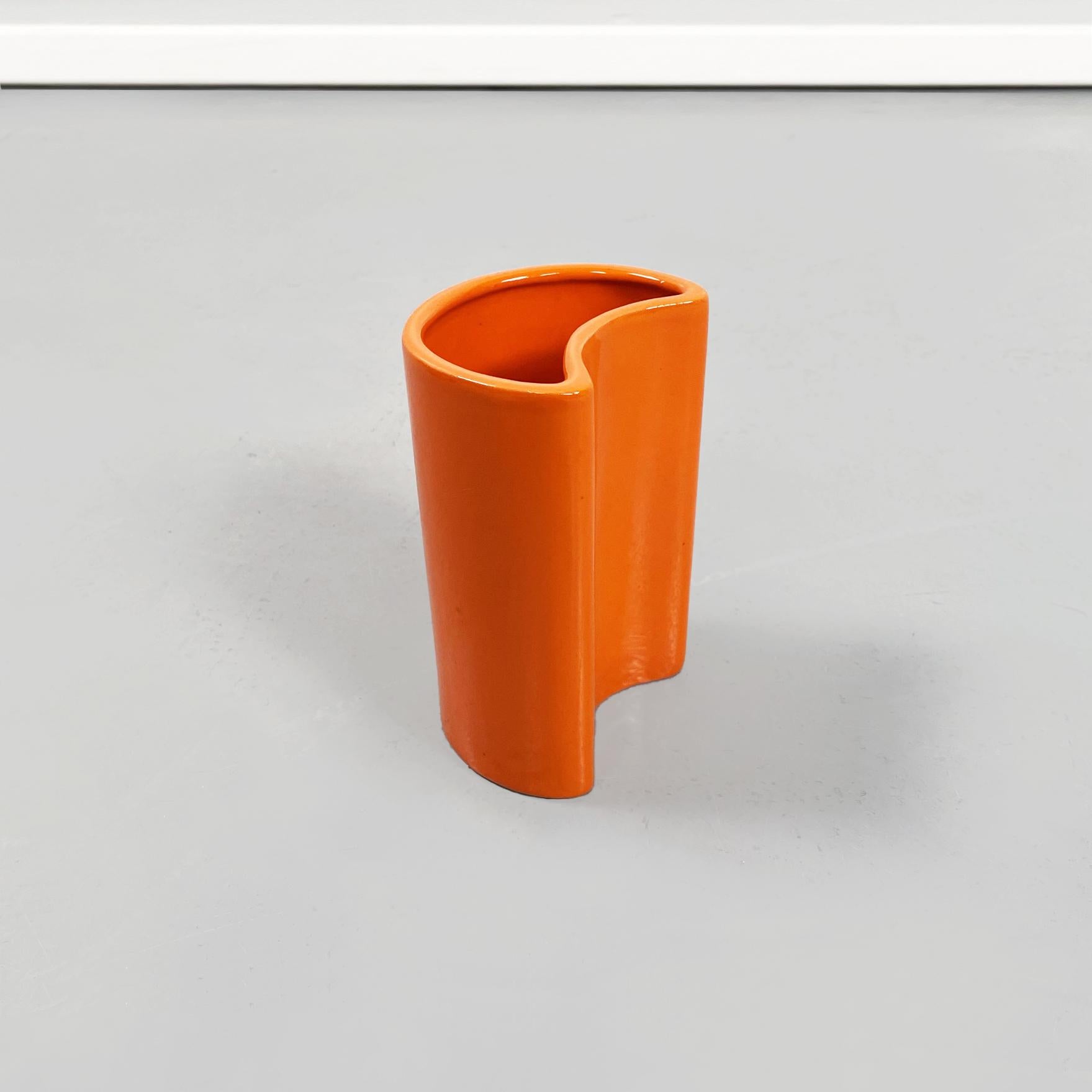 Italian Mid-Century Orange Ceramic Cylindrical Half-Moon Irregular Vases, 1970s For Sale 9