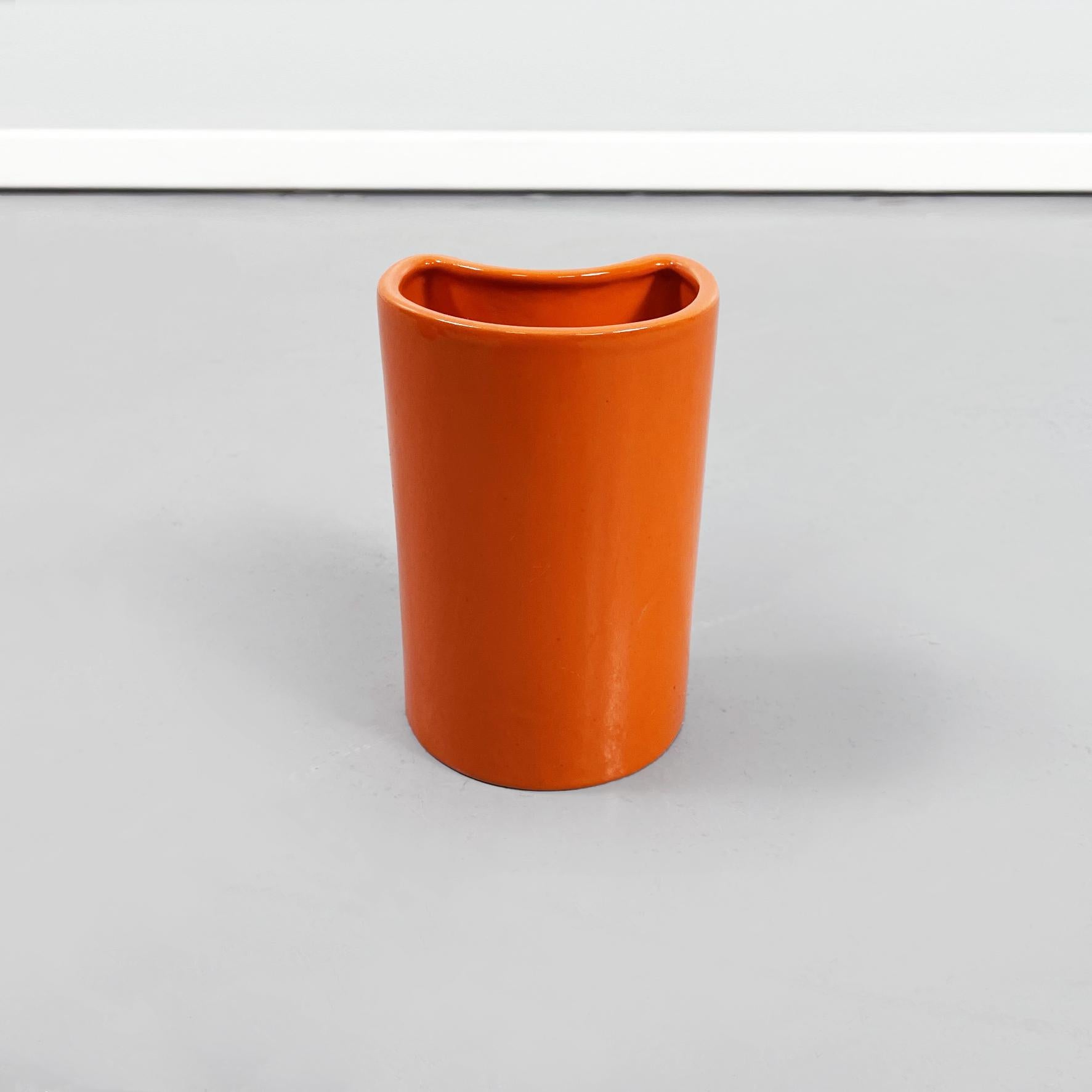 Italian Mid-Century Orange Ceramic Cylindrical Half-Moon Irregular Vases, 1970s For Sale 11