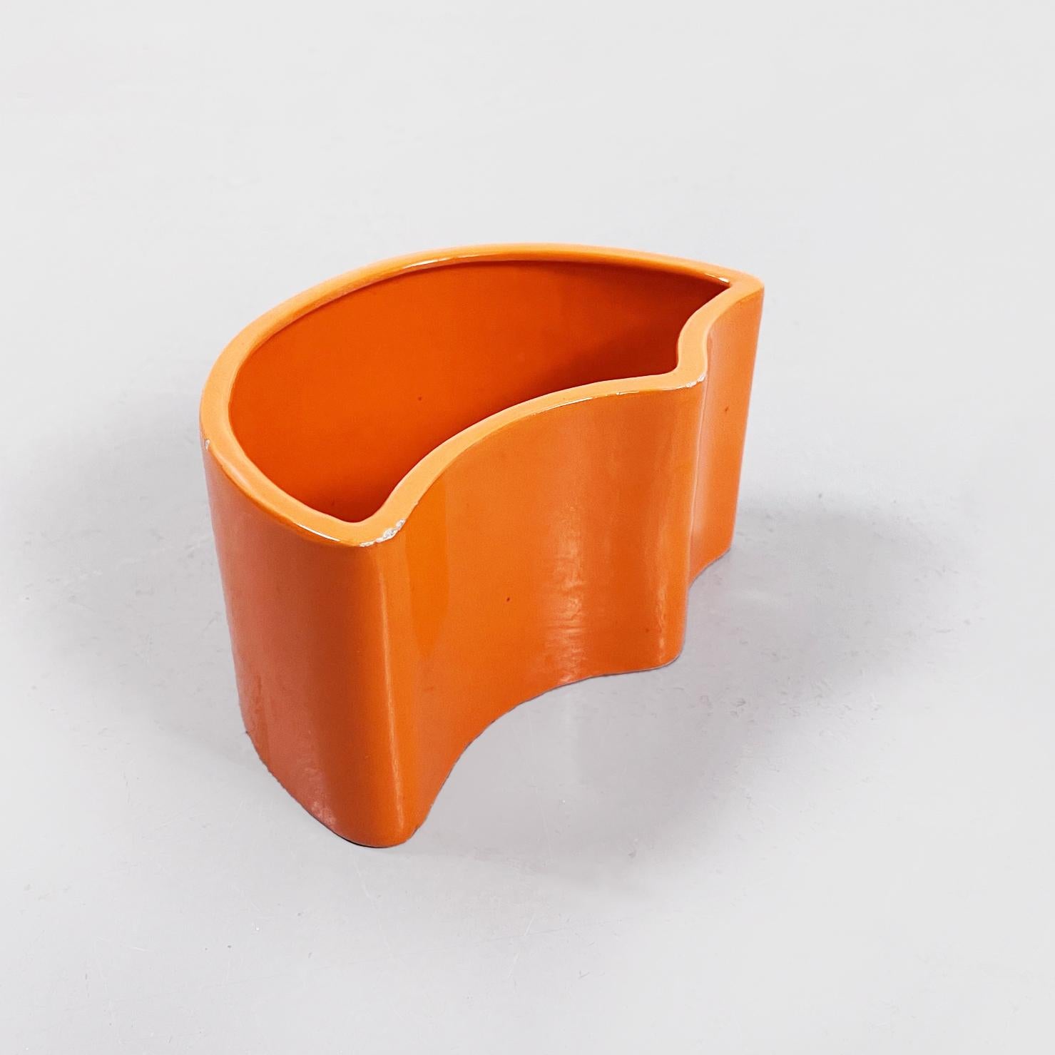 Italian Mid-Century Orange Ceramic Cylindrical Half-Moon Irregular Vases, 1970s For Sale 1